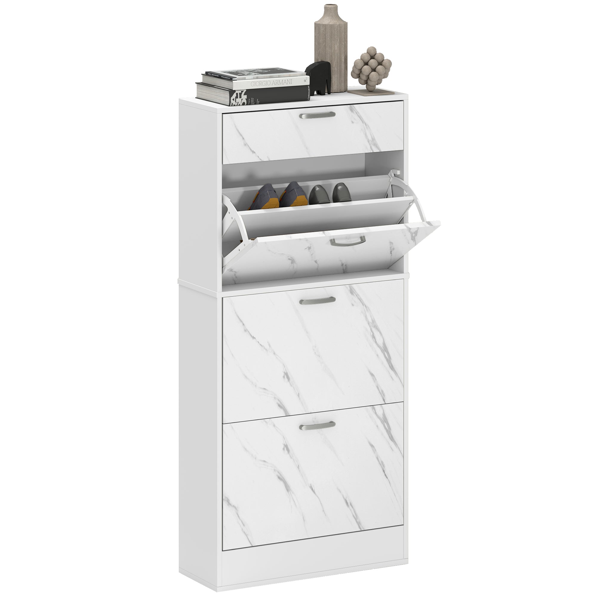 HOMCOM Marble Shoe Storage Cabinet with 3 Flip Drawers, Hallway Cabinet with Top Drawer and Adjustable Shelves, Shoe Cupboard for 18 Pairs, White - North Peak Garden Furniture