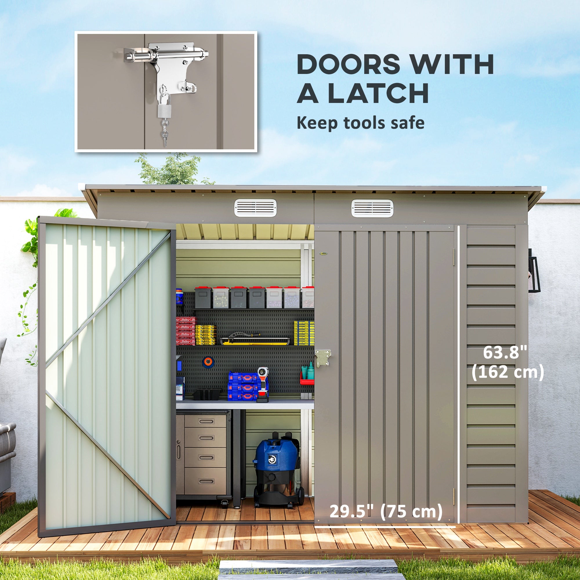 Outsunny 3.7 x 7.9ft Galvanised Steel Shed, with Latched Door and Padlock - Light Grey - North Peak Garden Furniture