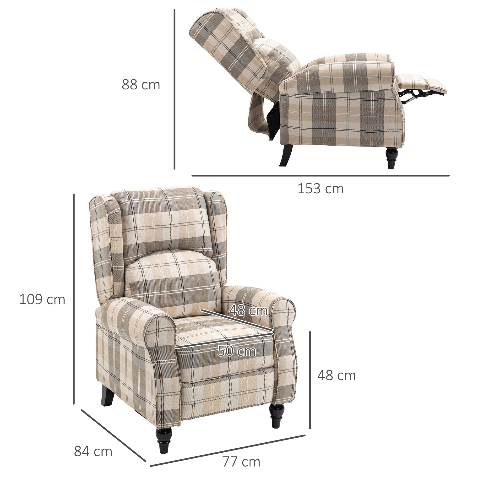 HOMCOM Farmhouse Recliner Armchair for Living Room, Wingback Reclining Chair with Footrest, Round Armrests and Rubber Wood Legs, Khaki - North Peak Garden Furniture
