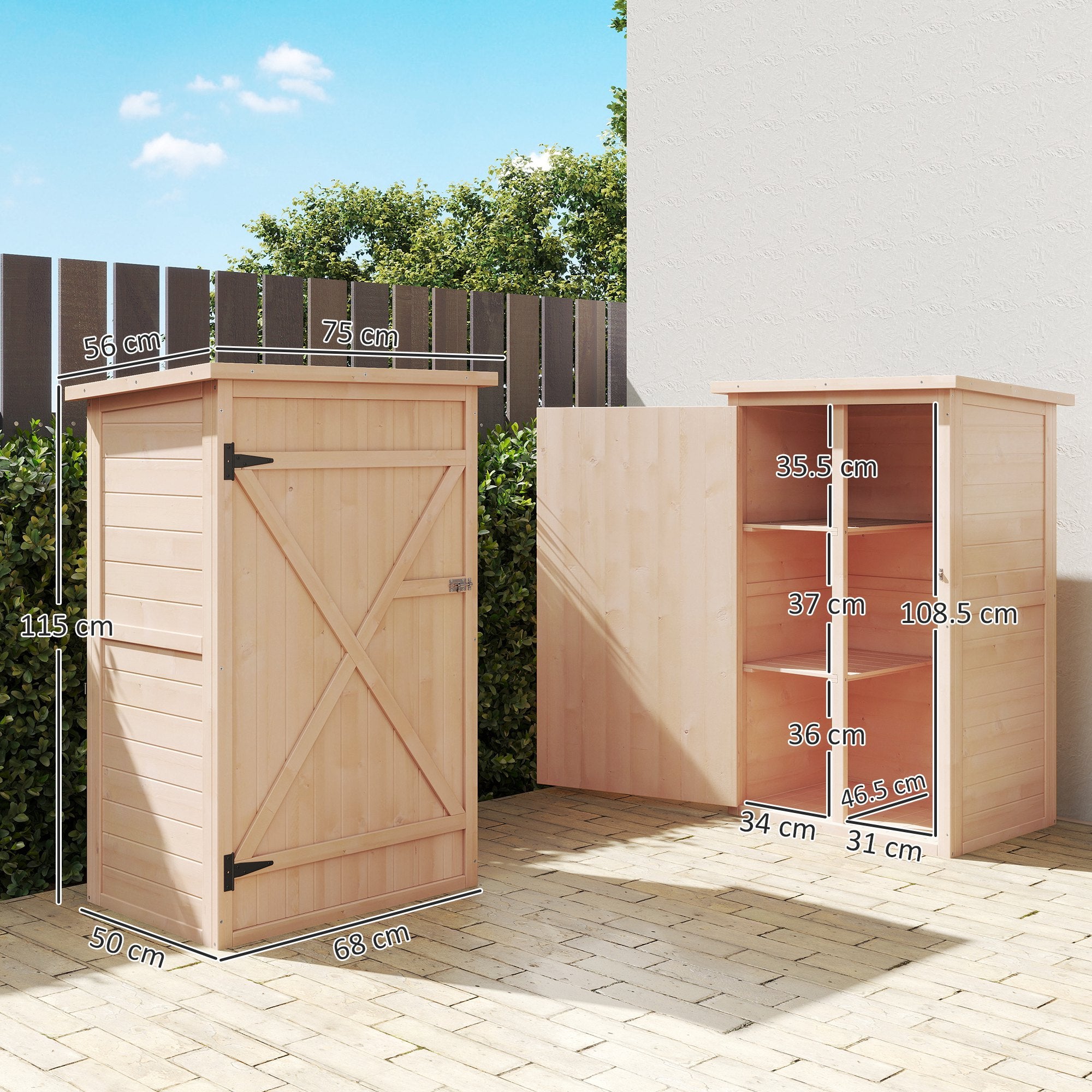 Outsunny Garden Shed Wooden Garden Storage Shed Fir Wood Tool Cabinet Organiser with Shelves 75L x 56W x115Hcm Natural