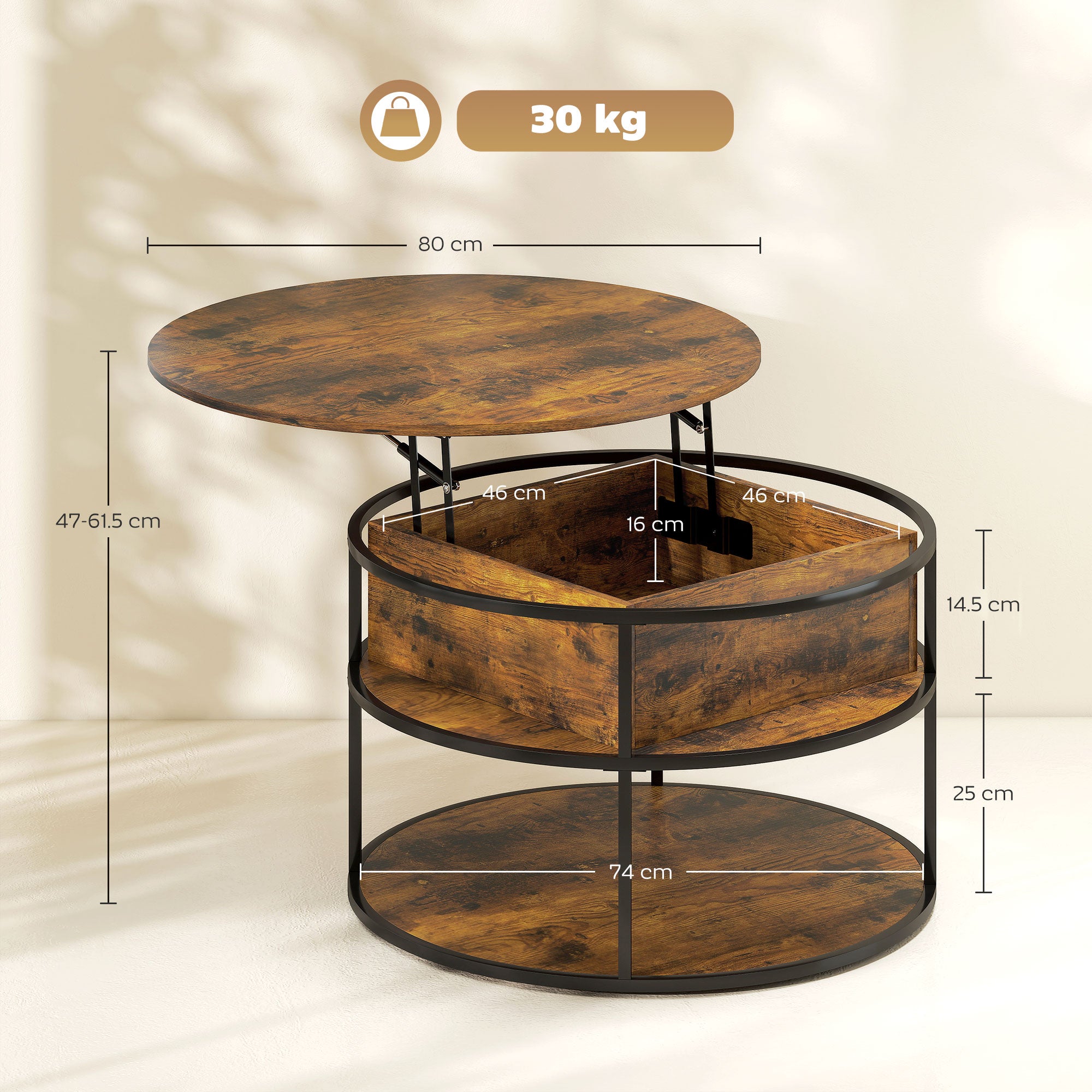 HOMCOM Lift Top Coffee Table, Round Coffee Table with Storage Shelf, Hidden Compartment and Steel Frame for Living Room, Home Office, Brown - North Peak Garden Furniture