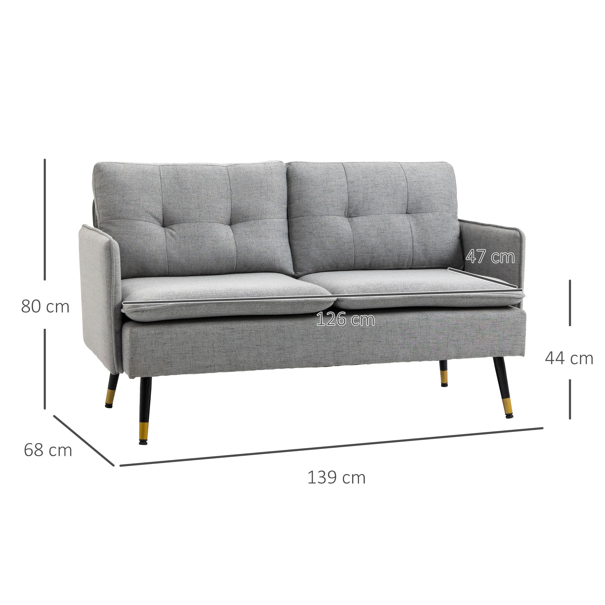 HOMCOM Modern Two Seater Sofa, Button Tufted Loveseat with Cushions and Steel Legs for Living Room, Guest Room, Grey