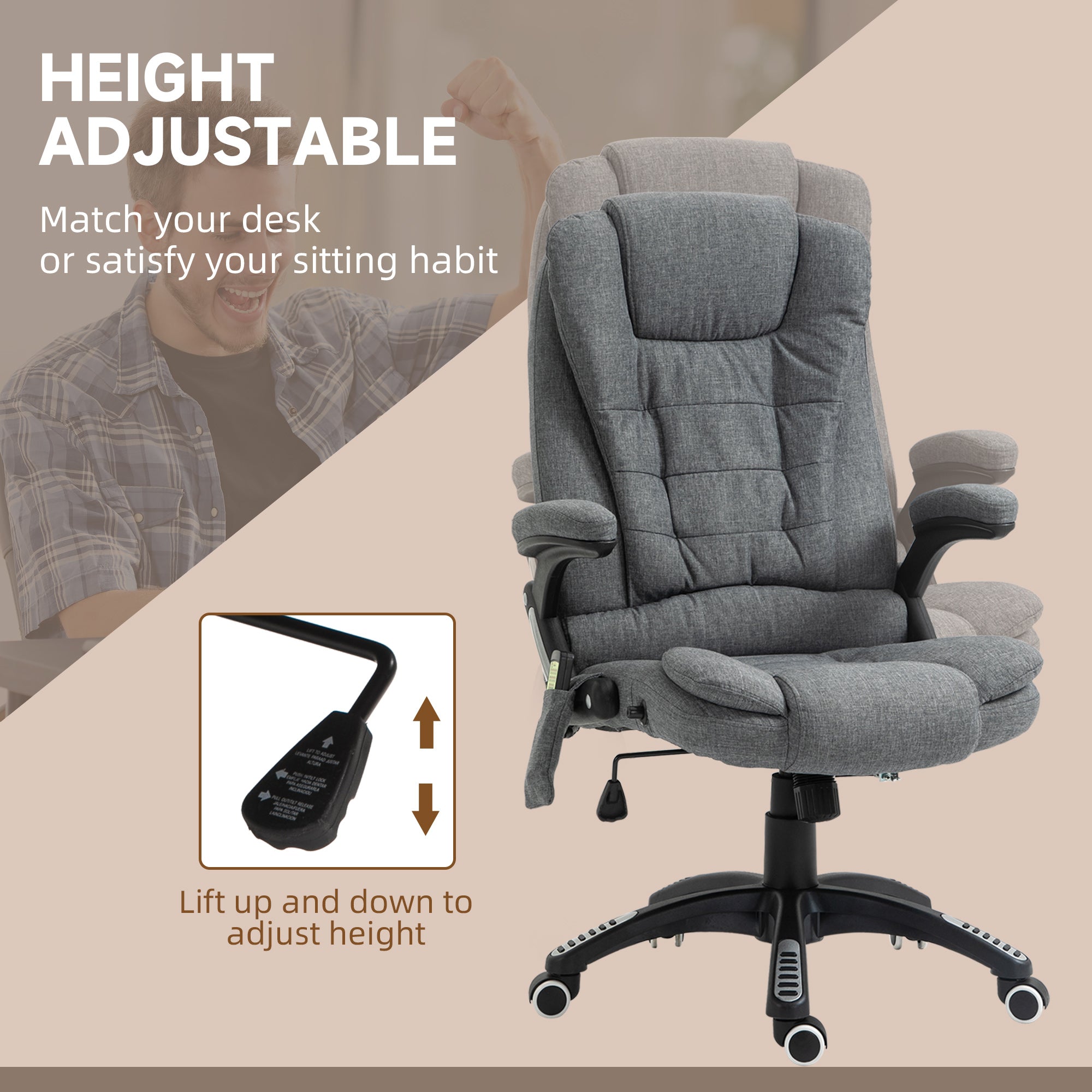 Vinsetto Massage Recliner Chair Heated Office Chair with Six Massage Points Linen-Feel Fabric 360° Swivel Wheels Grey