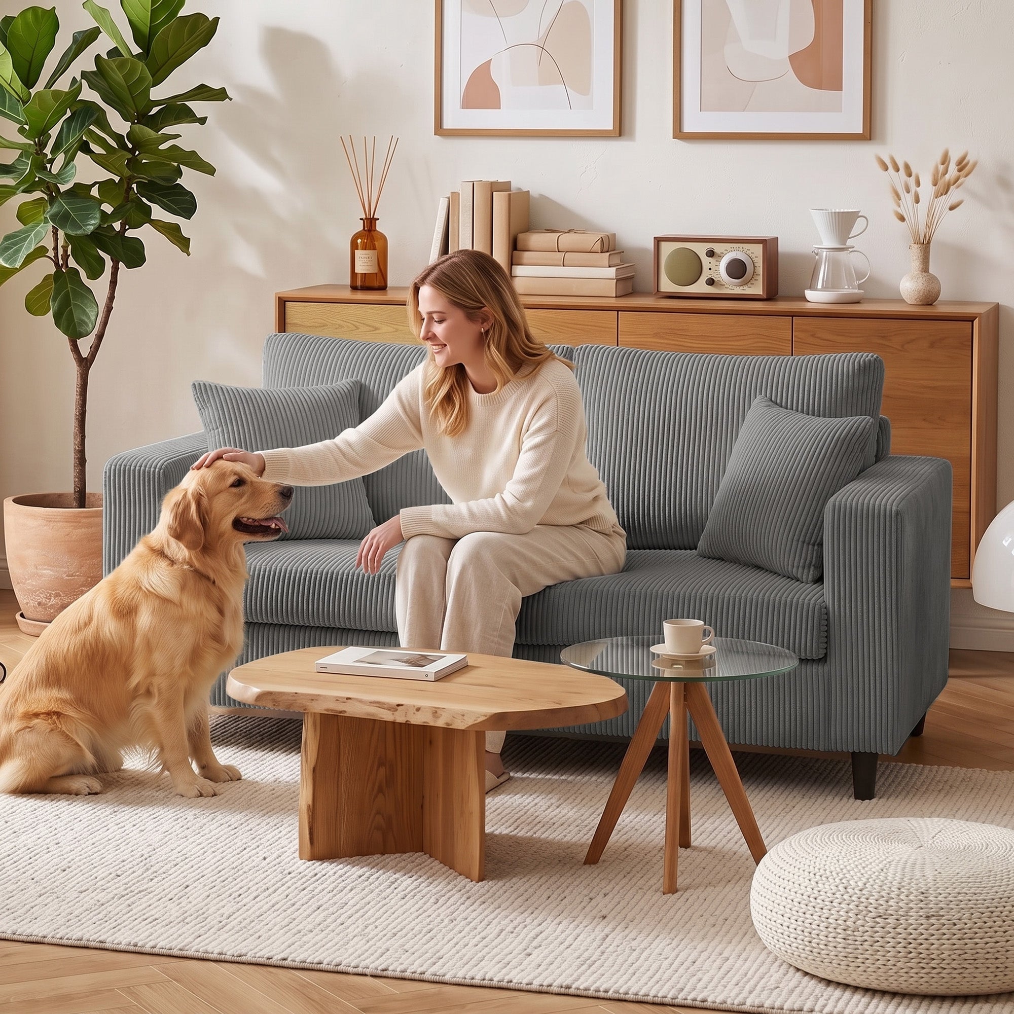 HOMCOM Loveseat Sofa with Wide Seat, Corduroy 2 Seater Couch with Deep Seat, Spring Cushion, Light Grey