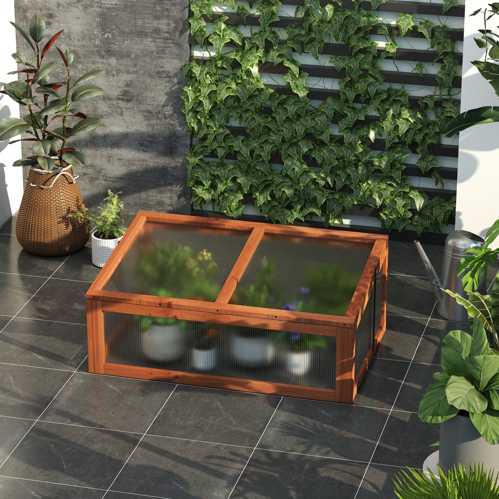 Outsunny Wooden Cold Frame, Small Polycarbonate Greenhouse for Plants with Openable & Tilted Top Cover, Brown, 100 x 65 x 40cm - North Peak Garden Furniture