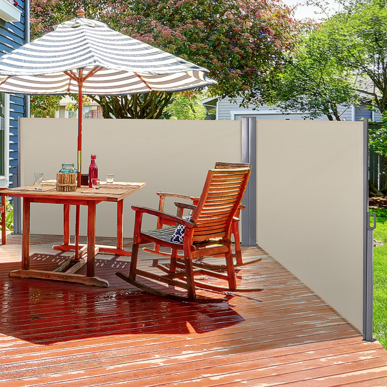 Outsunny 6 x 1.6 M Double Canopy Pull-Out Side Awning Sun Rain Outdoor Protection w/ Steel Frame Retractable Garden Privacy Home Commercial Beige - North Peak Garden Furniture