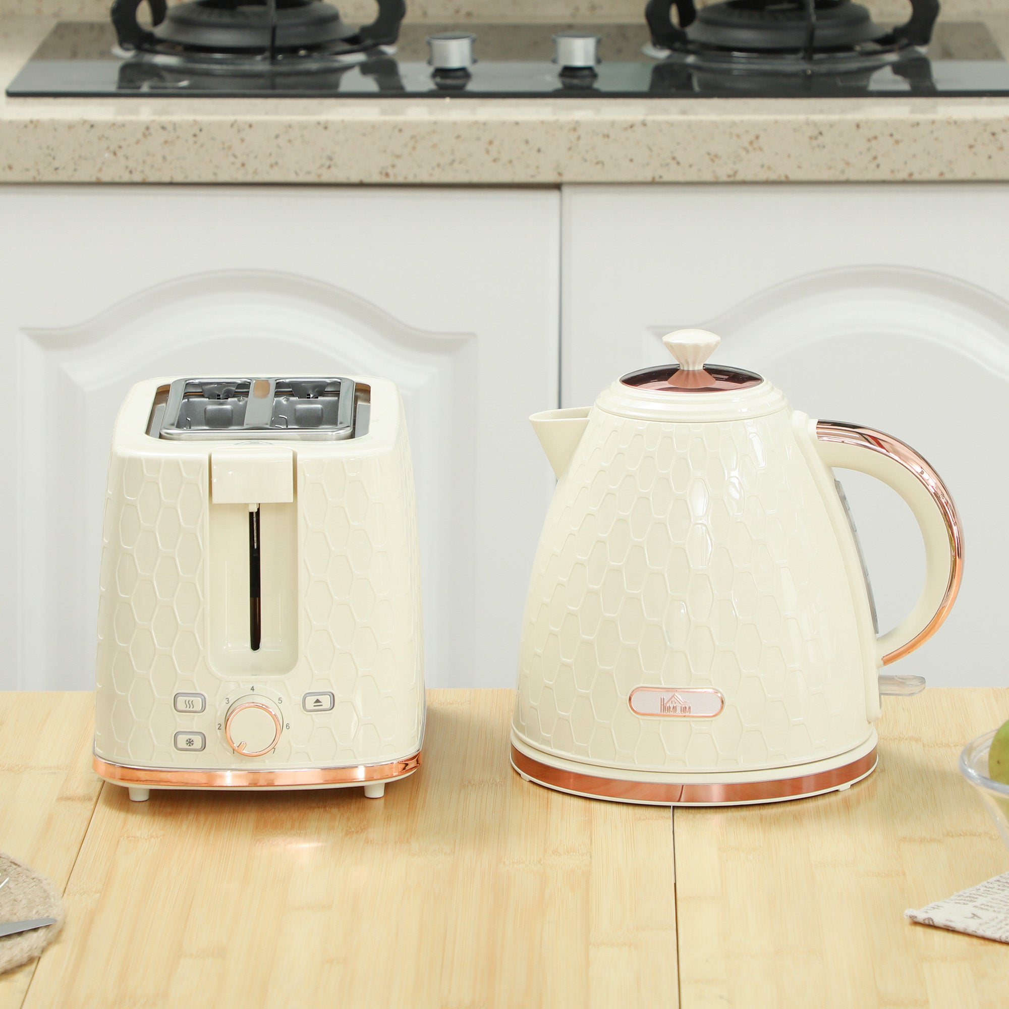 HOMCOM 1.7L 3000W Fast Boil Kettle & 2 Slice Toaster Set, Kettle and Toaster Set with Auto Shut Off, Browning Controls, Beige - North Peak Garden Furniture