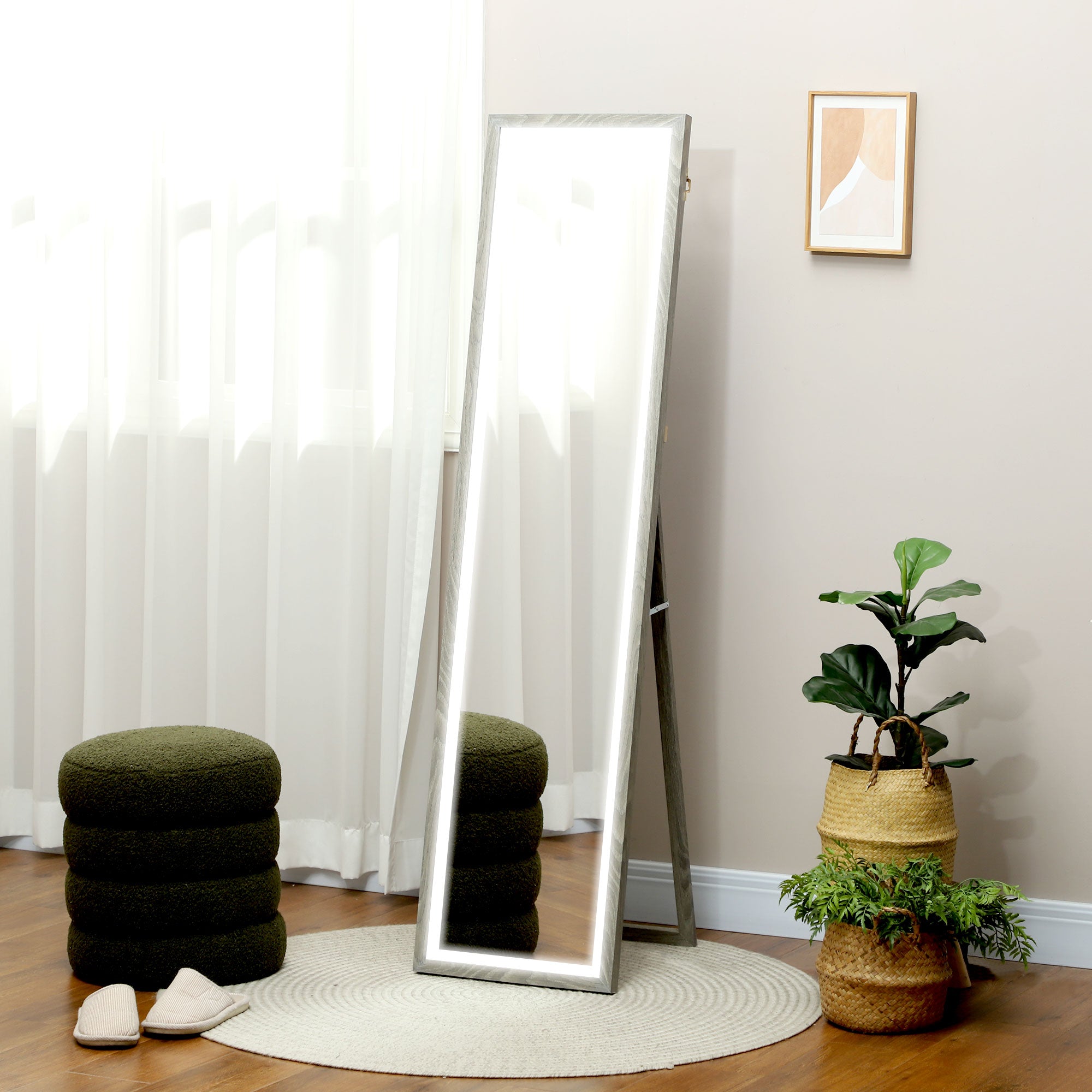 HOMCOM Full Length Mirror, with Adjustable Outer Light, Grey - North Peak Garden Furniture
