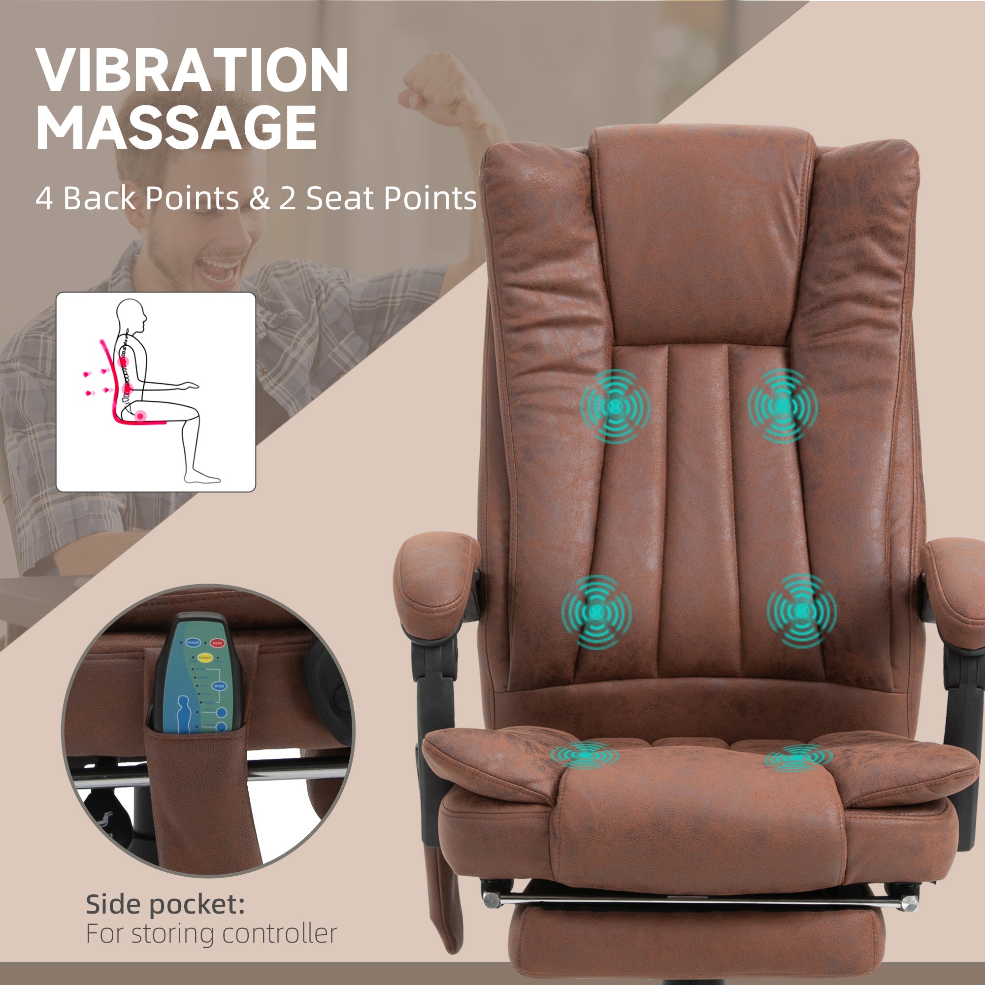 Vinsetto Office Chair with Massage and Heat, Microfibre Reclining Computer Desk Chair with Footrest and Adjustable Height, Swivel Wheels for Home Office, Brown - North Peak Garden Furniture