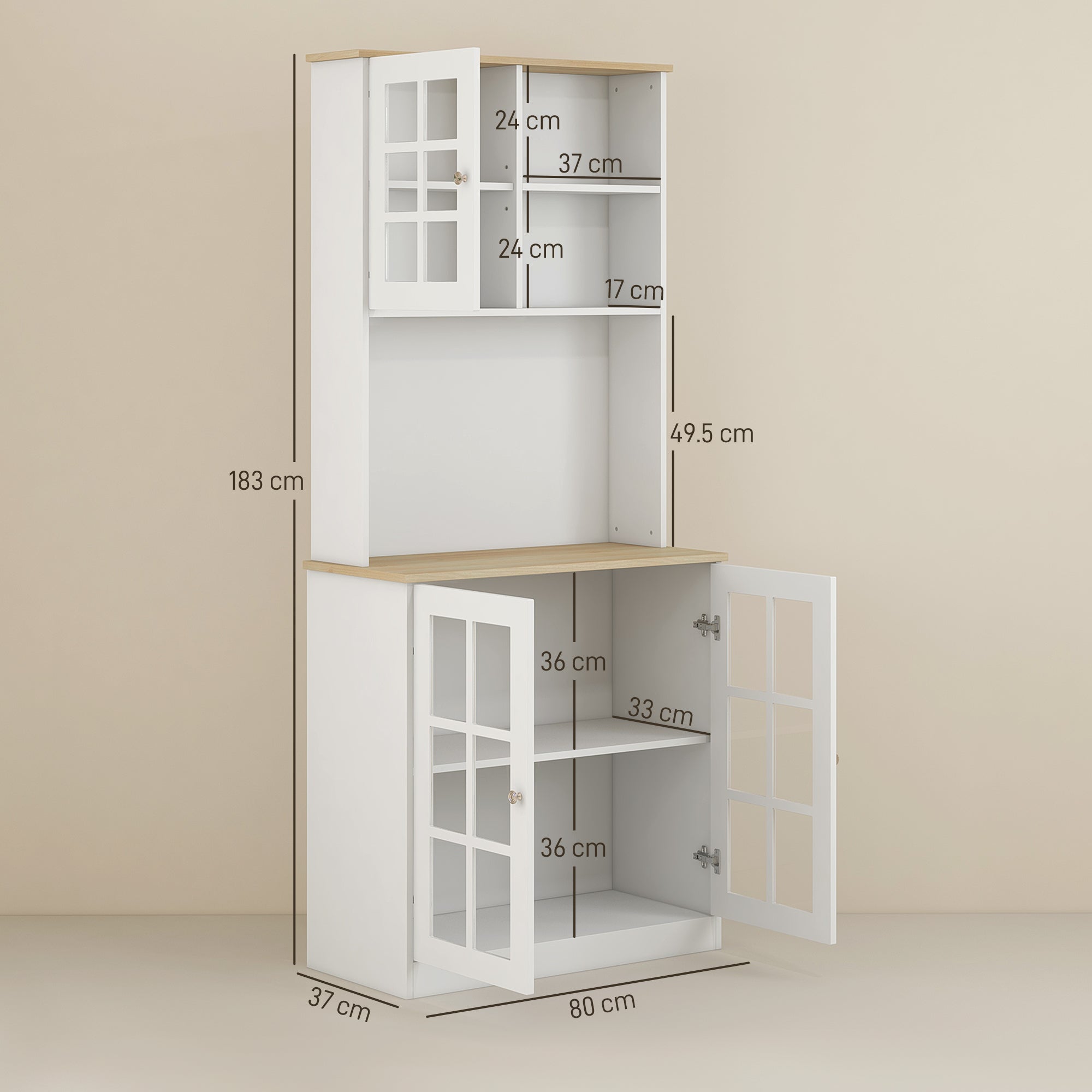 HOMCOM Freestanding Kitchen Cupboard, Storage Cabinet with Doors and Adjustable Shelves, Counter Top, Grid Glass Doors, 80L x 37W x 183H cm - White - North Peak Garden Furniture