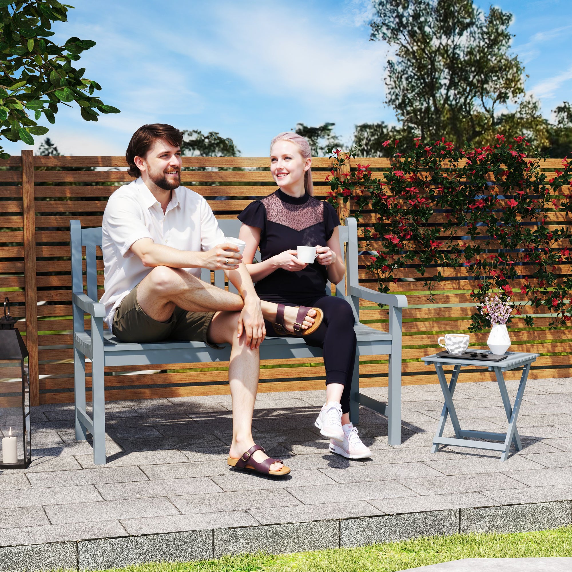 Outsunny 2-Seater Wooden Garden Bench Outdoor Patio Loveseat for Porch, Grey - North Peak Garden Furniture