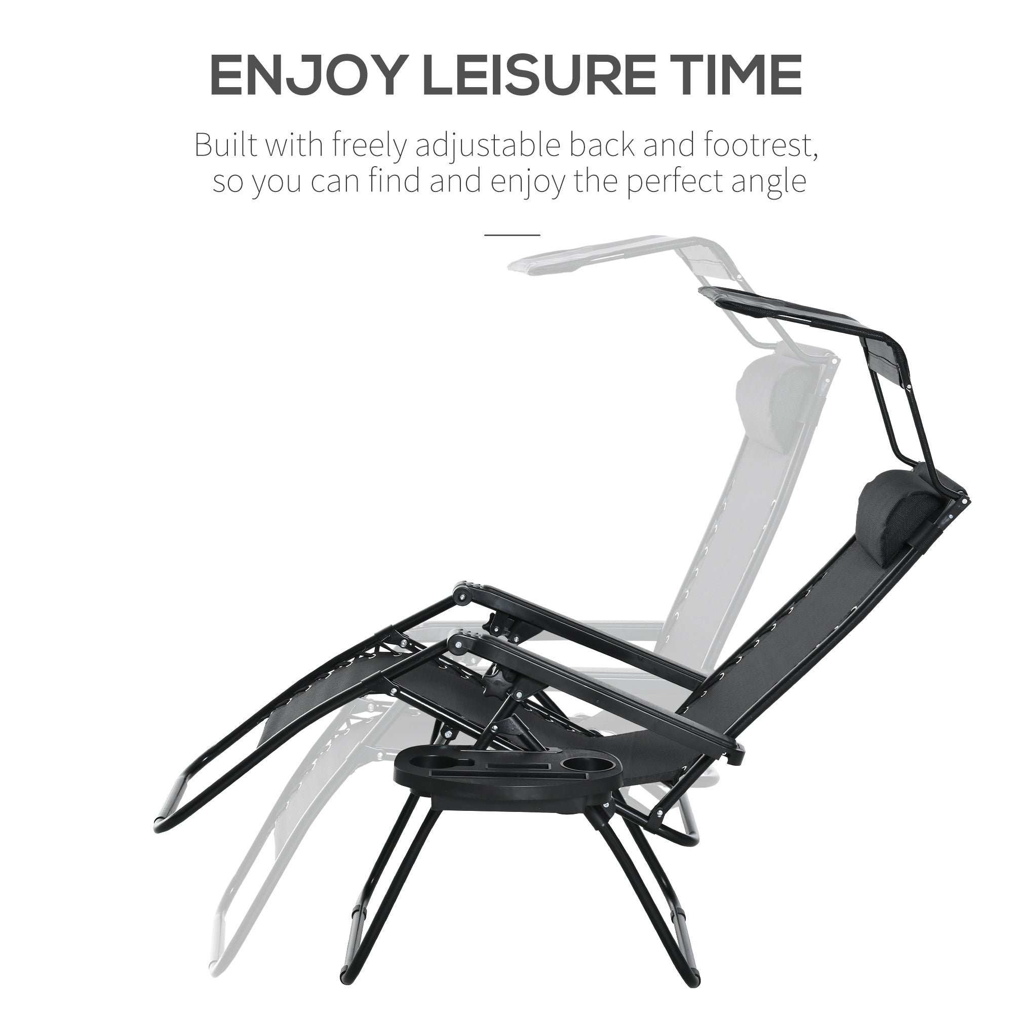 Outsunny 2 Piece Foldable Reclining Garden Chair with Headrest, Zero Gravity Deck Sun Lounger Seat Chair with Footrest, Armrest, Cup Holder & Canopy Shade, Black - North Peak Garden Furniture