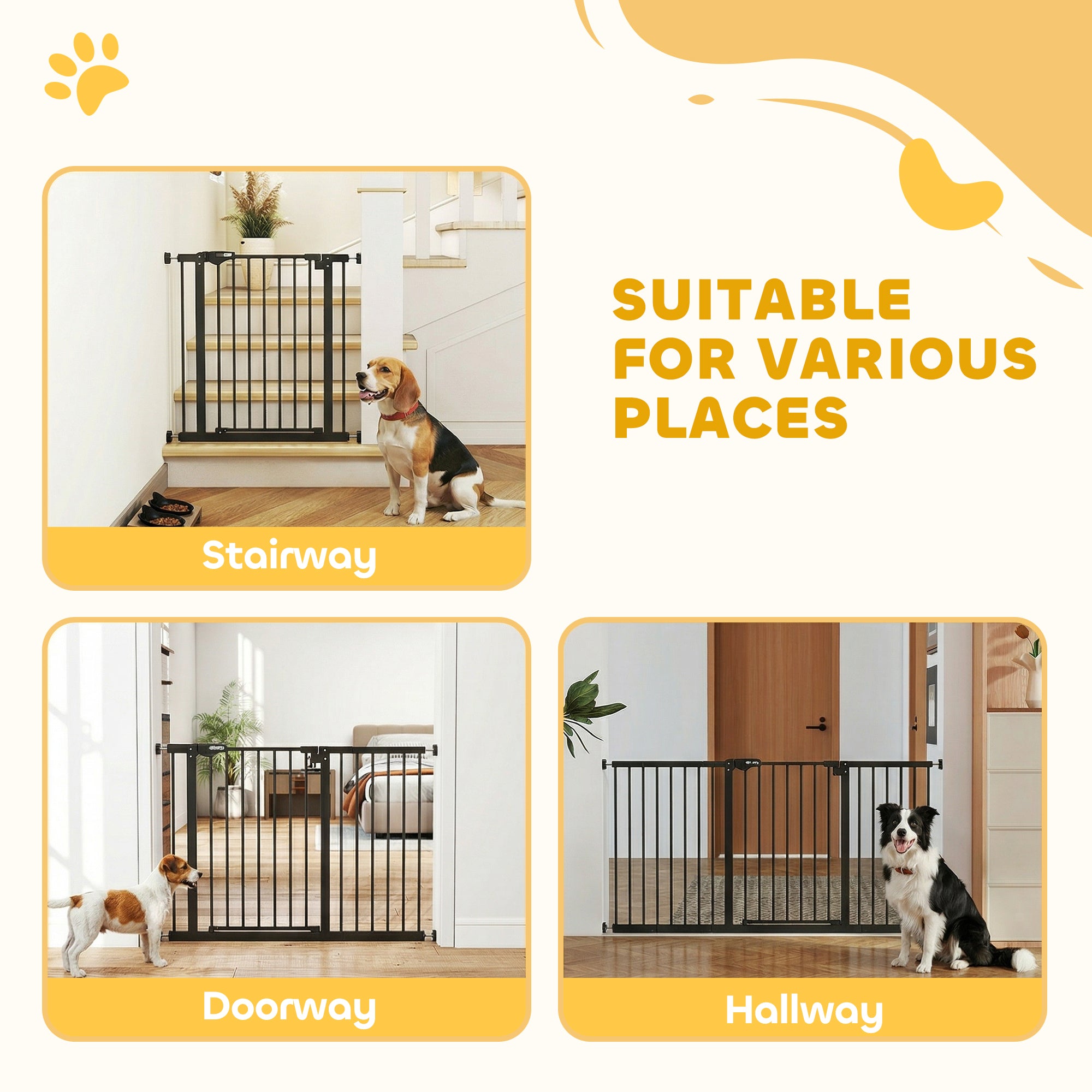 PawHut Dog Gate Stair Gate Pressure Fit Pets Barrier Auto Close for Doorway Hallway, 74-148cm Wide Adjustable, Black