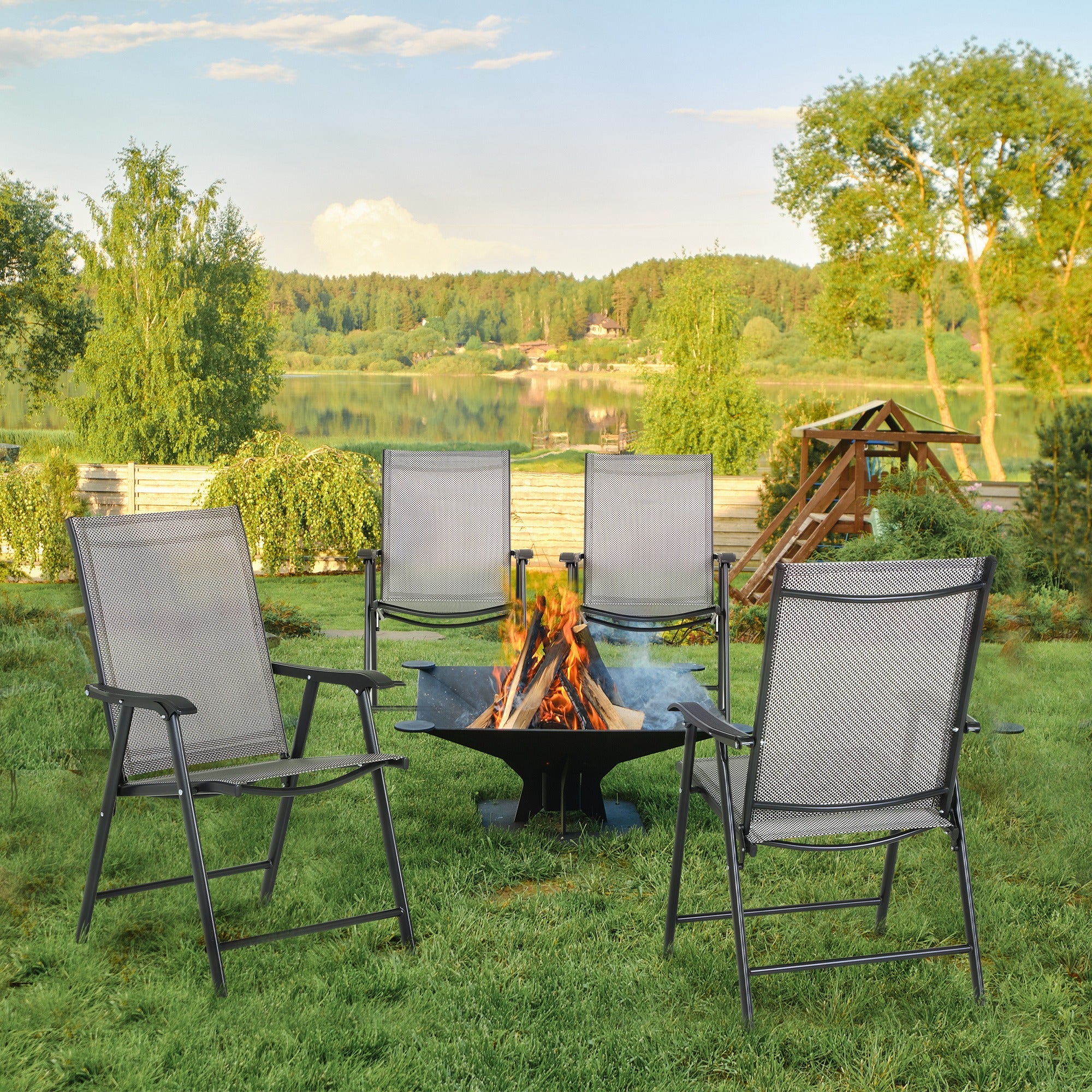 Outsunny Set of 4 Folding Garden Chairs, Metal Frame Garden Chairs Outdoor Patio Park Dining Seat with Breathable Mesh Seat, Grey - North Peak Garden Furniture