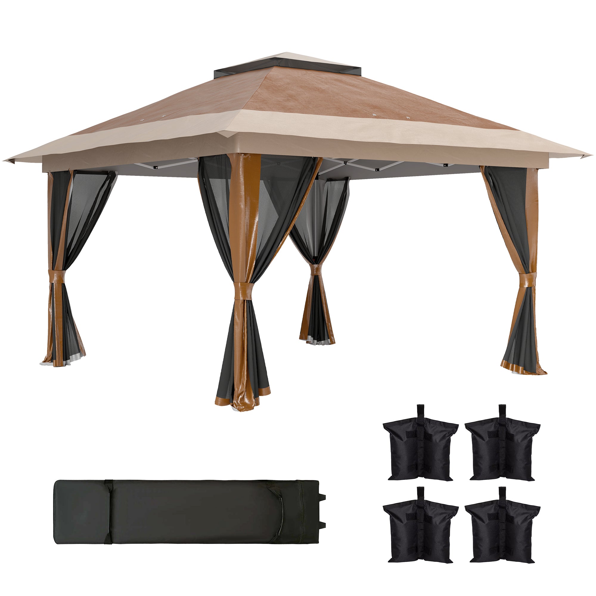 Outsunny 3.6 x 3.6m Pop-Up Gazebo, with Accessories - Brown - North Peak Garden Furniture
