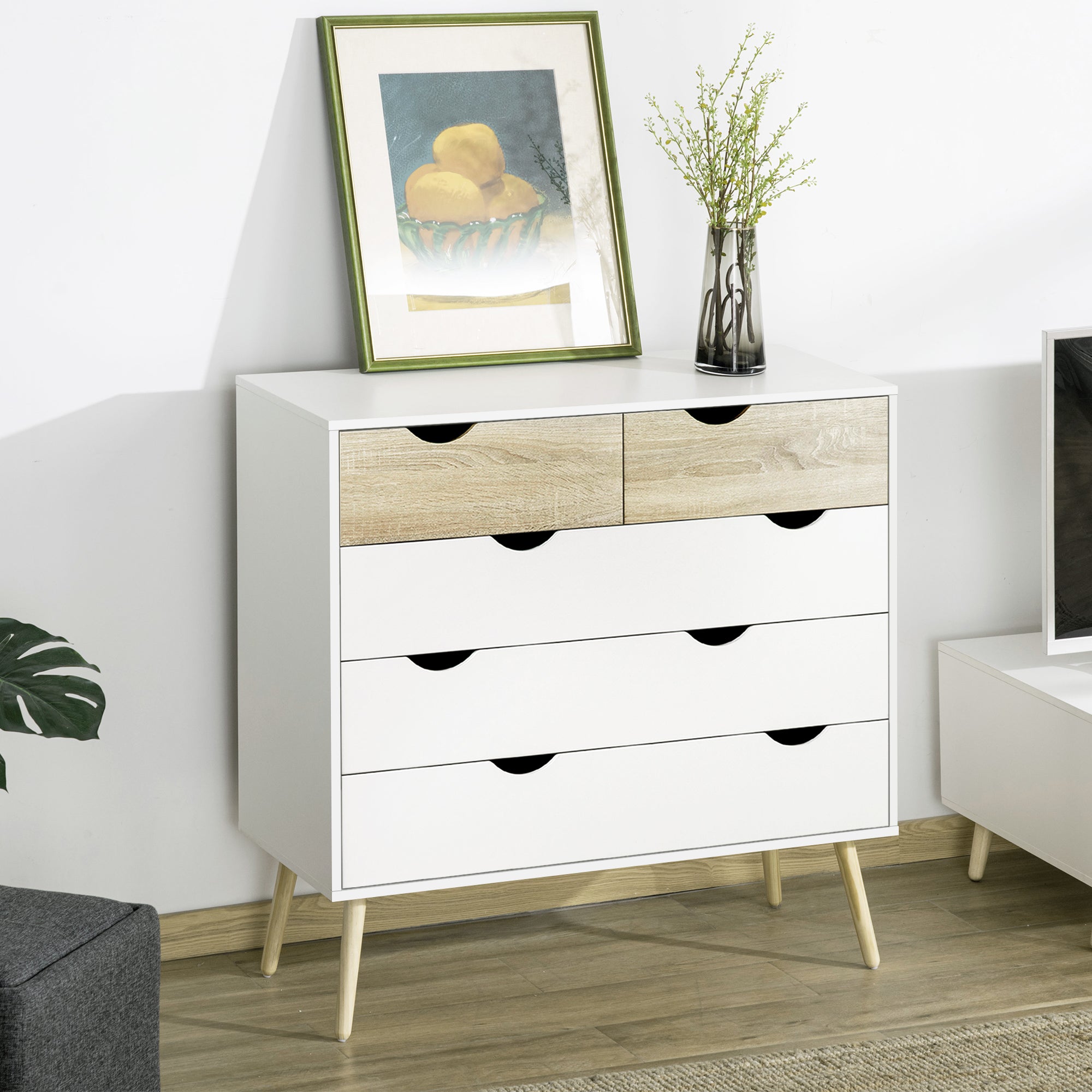 HOMCOM Nordic Style Chest of Drawers, 5 Drawer Dresser with 4 Tapered Legs and Groove Handles, Storage Organizer Side Cabinet for Bedroom, Living Room - North Peak Garden Furniture