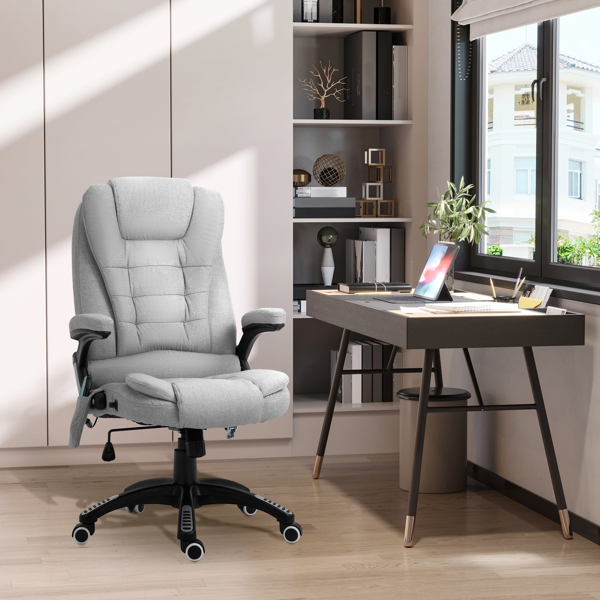 Vinsetto Office Chair, Ergonomic Desk Chair with 6-Point Massage and Back Heated, Linen-Feel Fabric Computer Gaming Chair with Arms, Lumbar Support, Light Grey - North Peak Garden Furniture