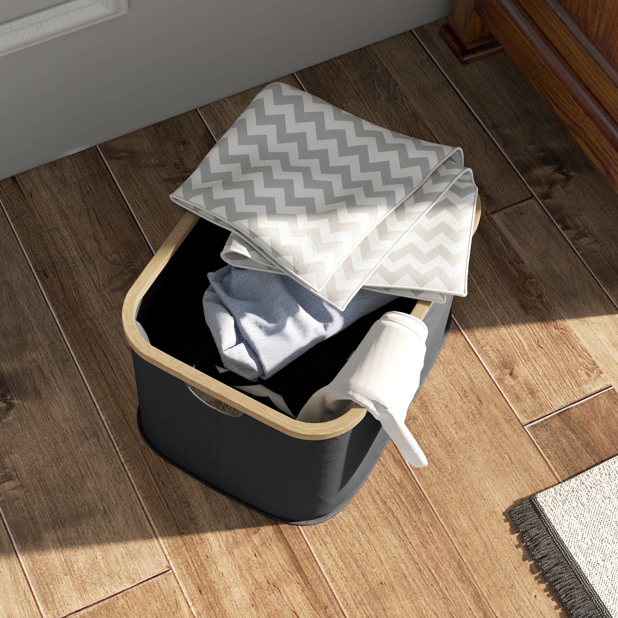 HOMCOM 36L Foldable Laundry Basket, with Bamboo Top - Black - North Peak Garden Furniture