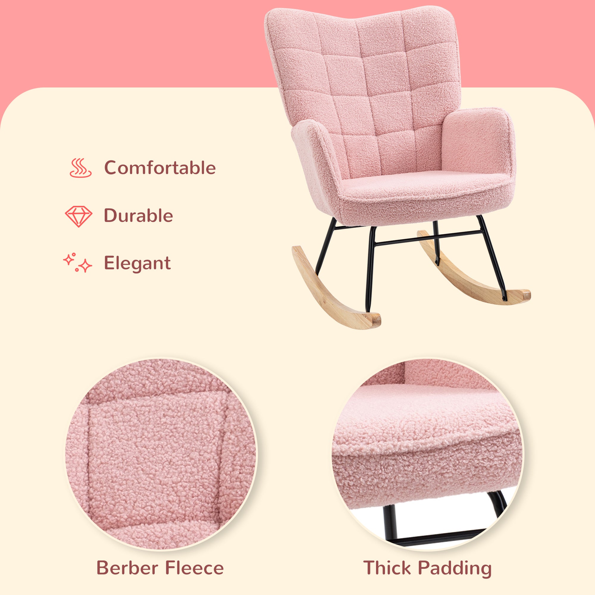 HOMCOM Soft Fleecey Rocking Wingback Chair - Pink - North Peak Garden Furniture