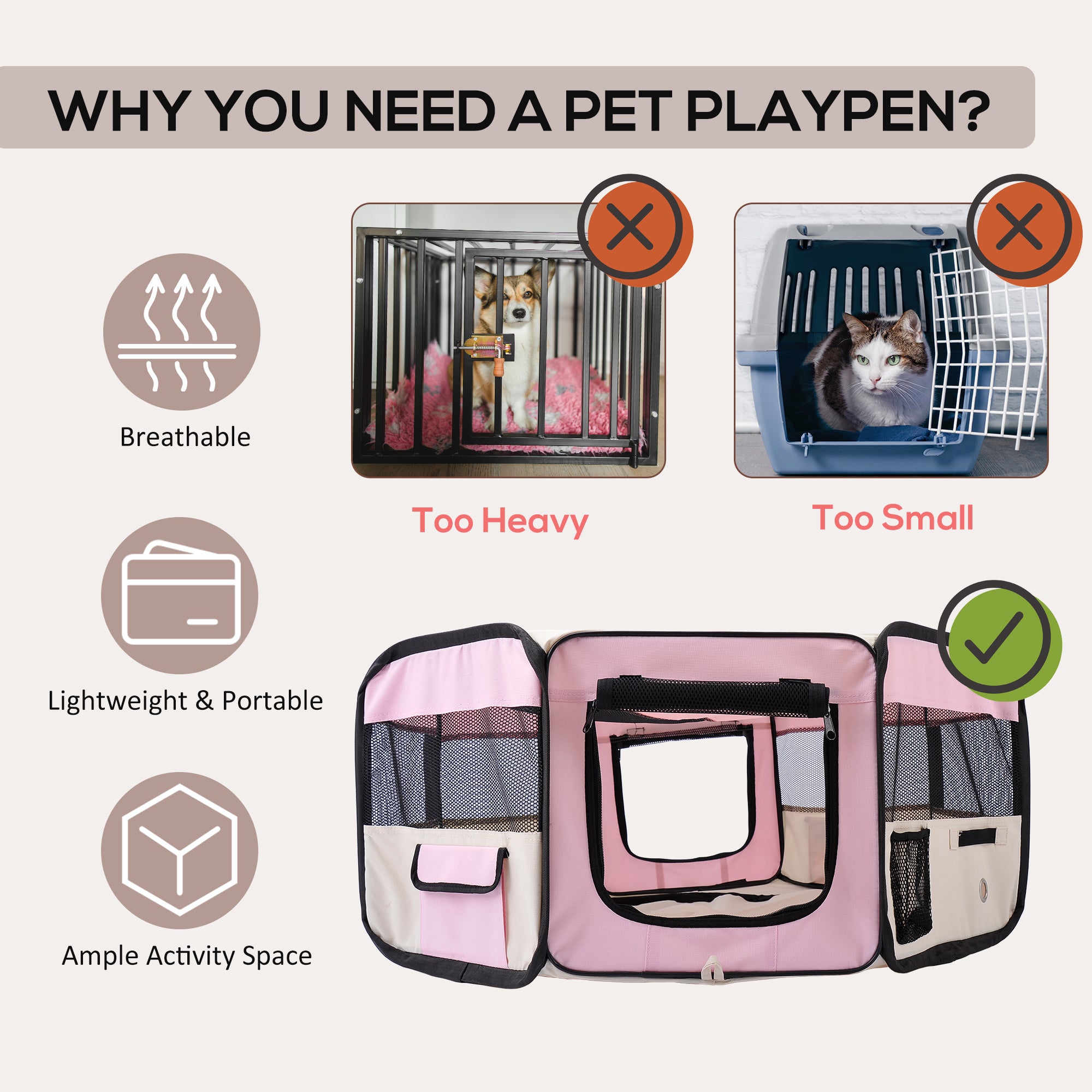 PawHut Portable Cat Dog Playpen Pet Puppy Rabbit Guinea Pig Pen Run Dia 90 x 41H cm Indoor & Outdoor Pink - North Peak Garden Furniture