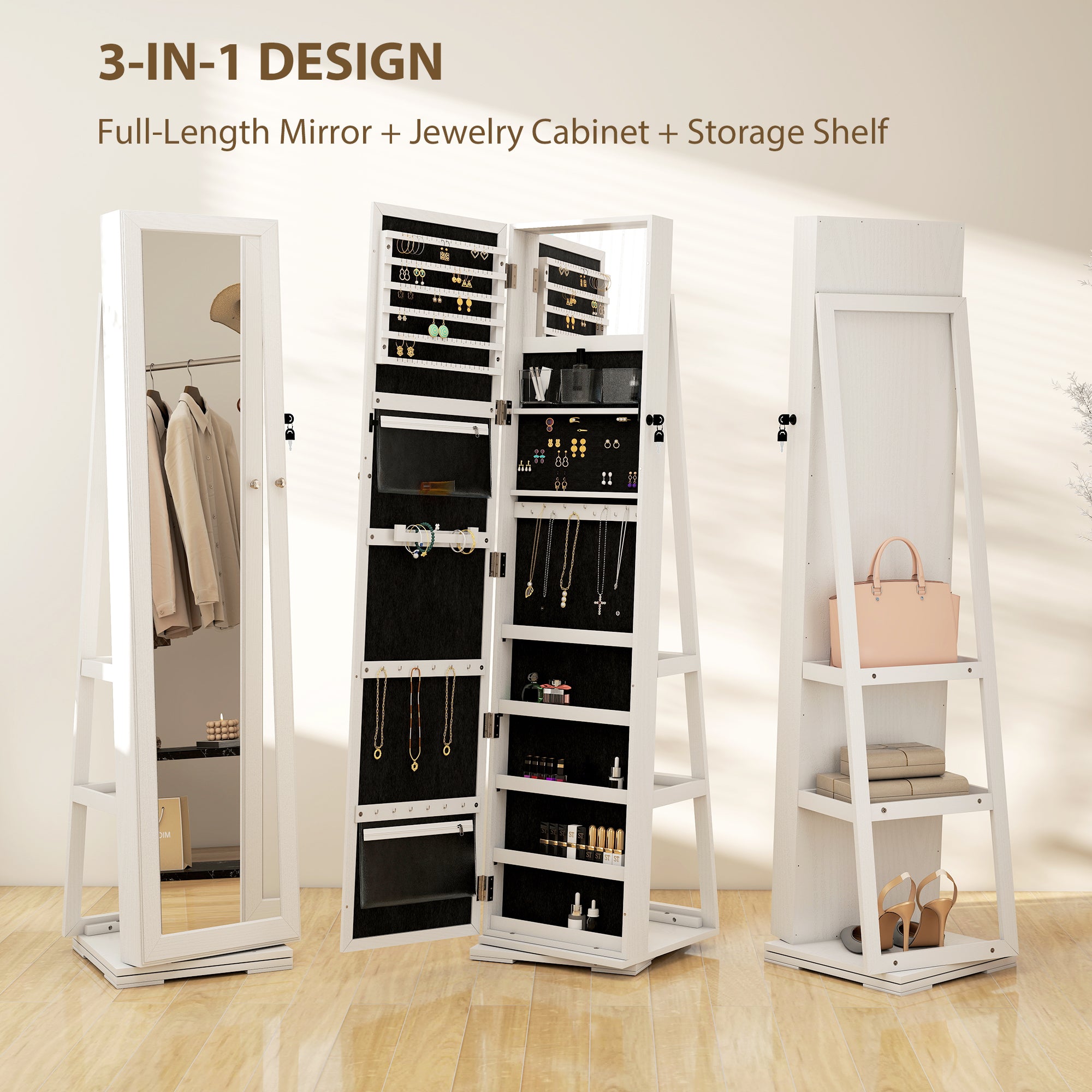HOMCOM 360° Swivel Jewellery Cabinet, Mirror Armoire, Full Length Mirror, Lockable Jewellery Organizer with Built-In Small Mirror, White
