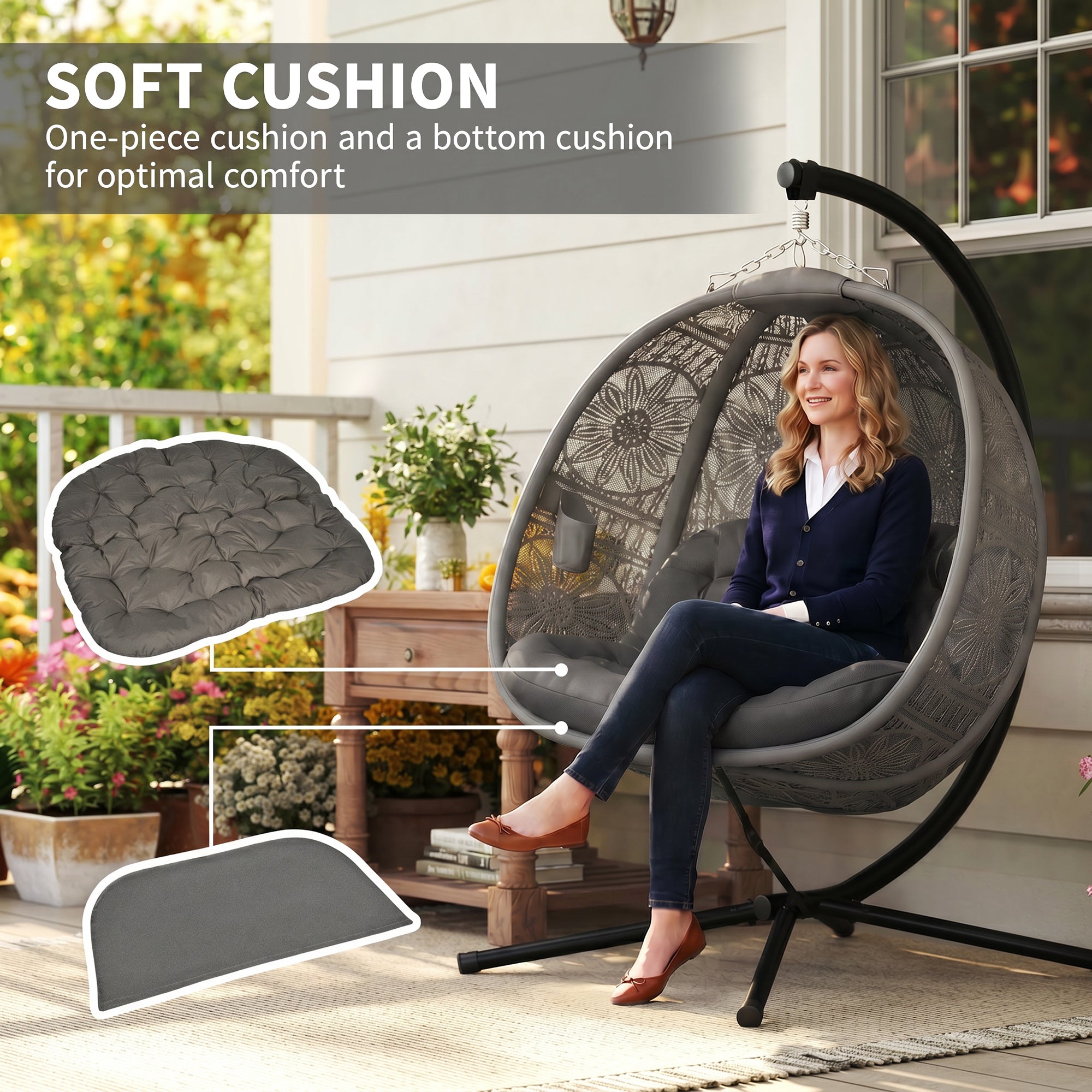 Outsunny Round Egg Basket Chair, with Steel Stand, Charcoal Grey