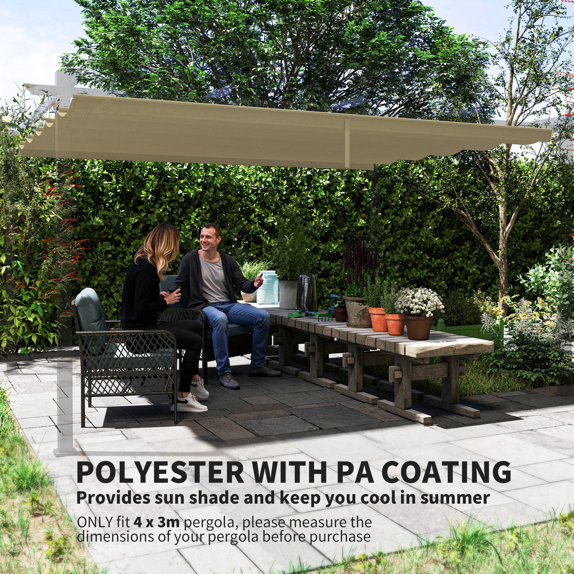 Outsunny Retractable Pergola Shade Cover, Replacement Canopy for 4 x 3 (m) Pergola, Retractable Roof, Tan - North Peak Garden Furniture