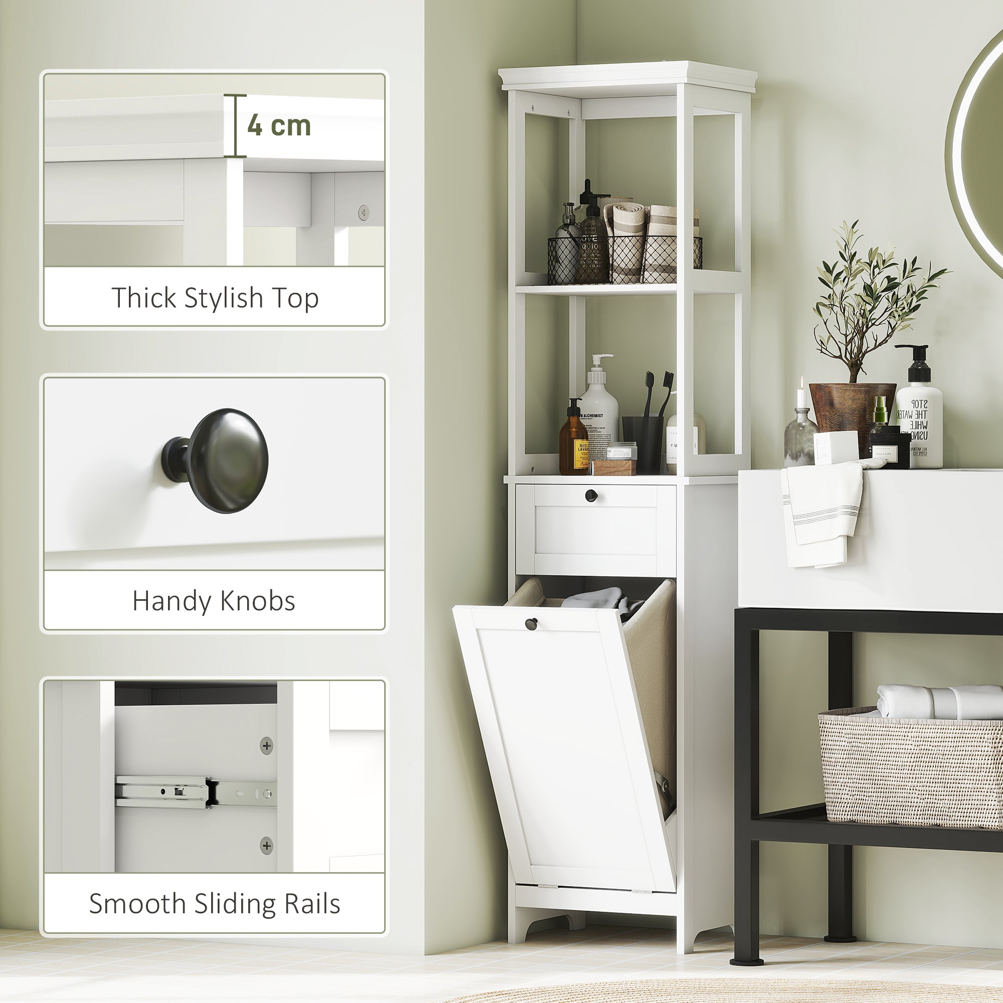 HOMCOM Tall Bathroom Cabinet with Tilt-Out Laundry Basket - White - North Peak Garden Furniture