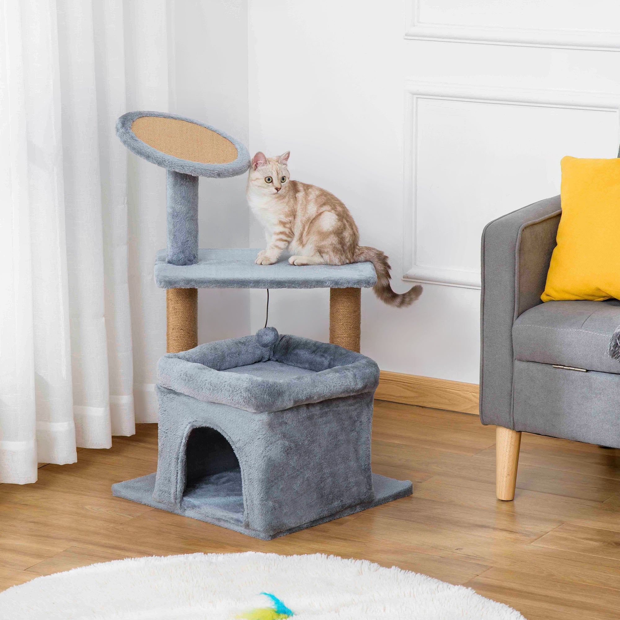 PawHut Cat Tree Tower for Indoor Cats, Cat Scratching Post with Bed, Cat House, Scratching Pad, Perch, Interactive Ball Toy 48 x 48 x 84cm, Grey