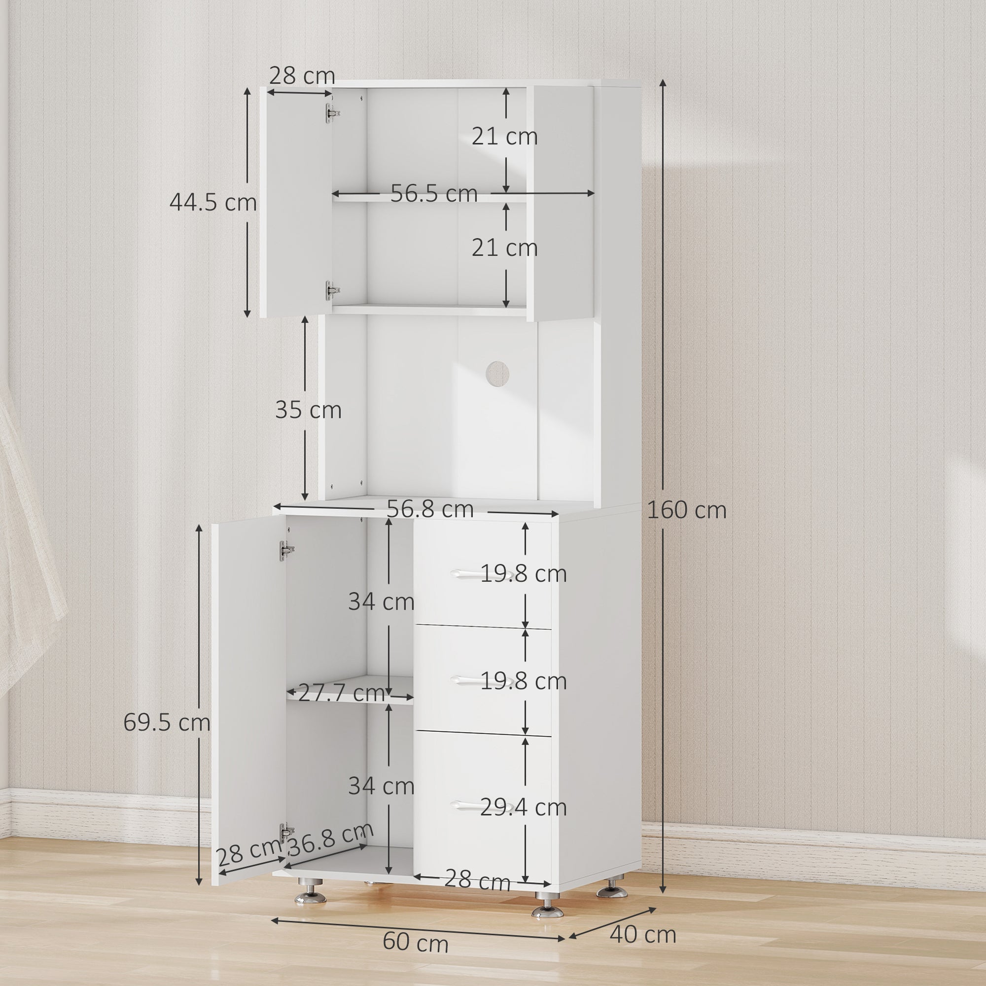 HOMCOM Modern Kitchen Cupboard with Storage Cabinets, 3 Drawers and Open Countertop for Living Room, White - North Peak Garden Furniture