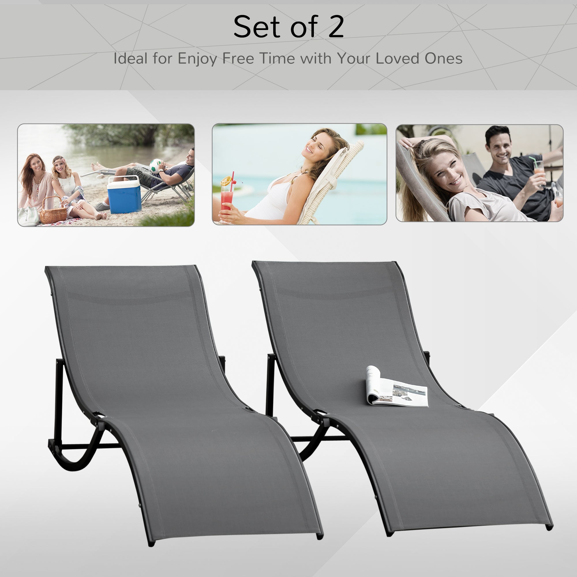 Outsunny Set of 2 S-shaped Foldable Lounge Chair Sun Lounger Reclining Outdoor Chair for Patio Beach Garden, Grey - North Peak Garden Furniture