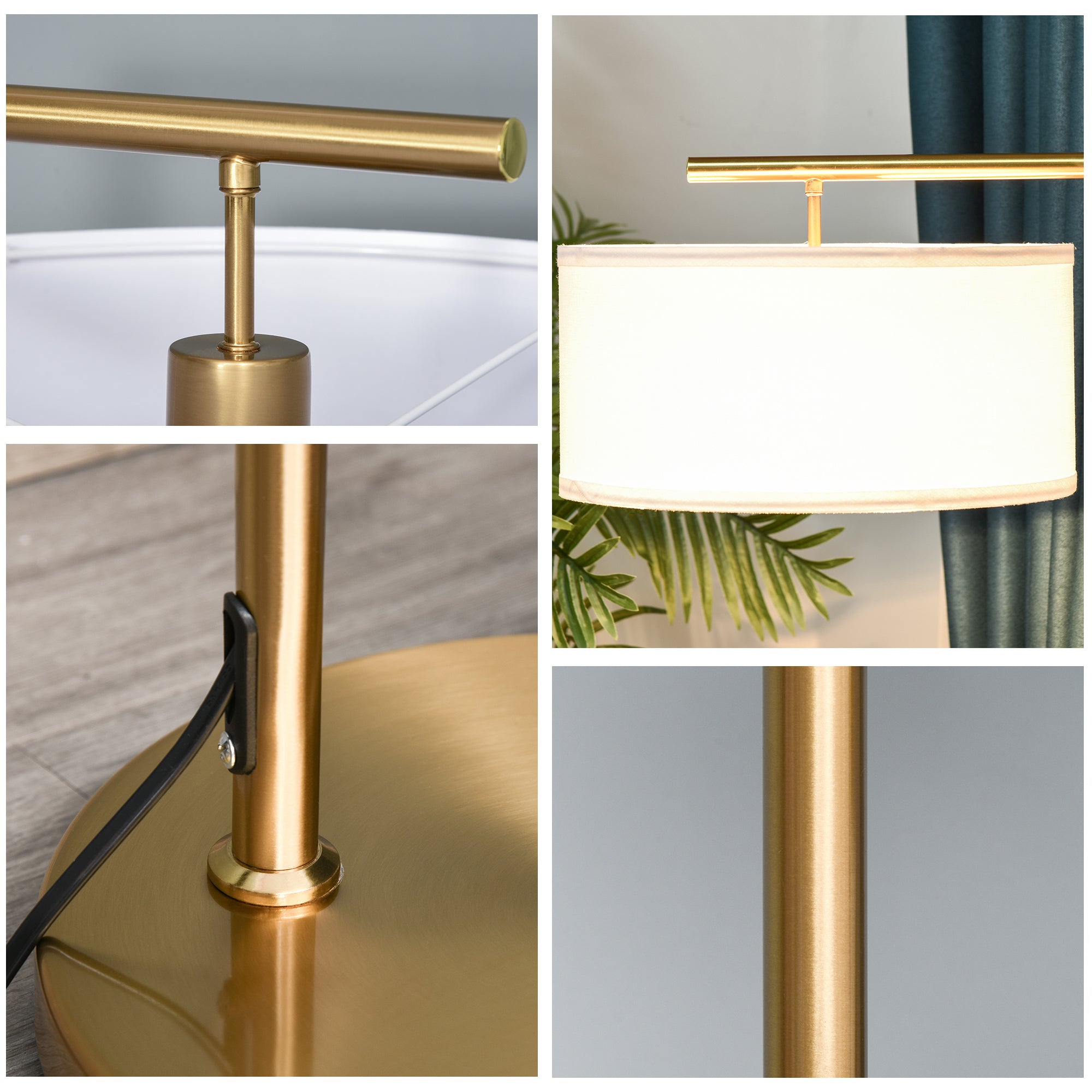 HOMCOM Floor Lamp, Modern Standing Light with Linen Lampshade, Round Base for Living Room, Bedroom, Dining Room, 153cm, Gold and White - North Peak Garden Furniture