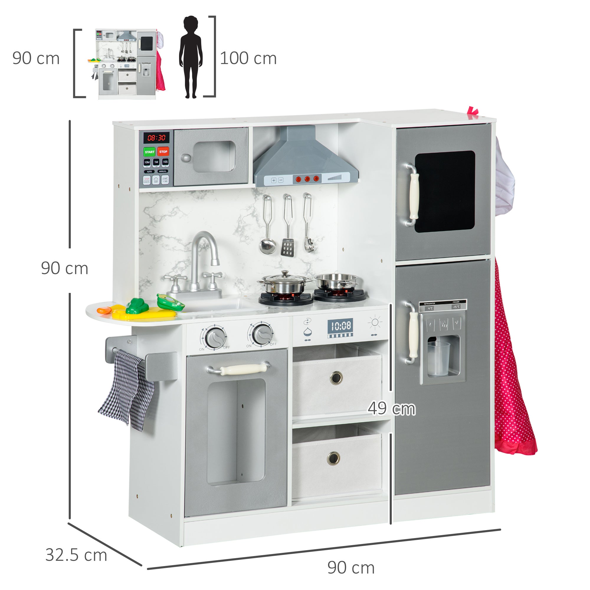 AIYAPLAY Toy Kitchen with Lights, Sounds, Apron and Chef Hat, Ice Maker, Microwave, for Ages 3-6 Years - White - North Peak Garden Furniture