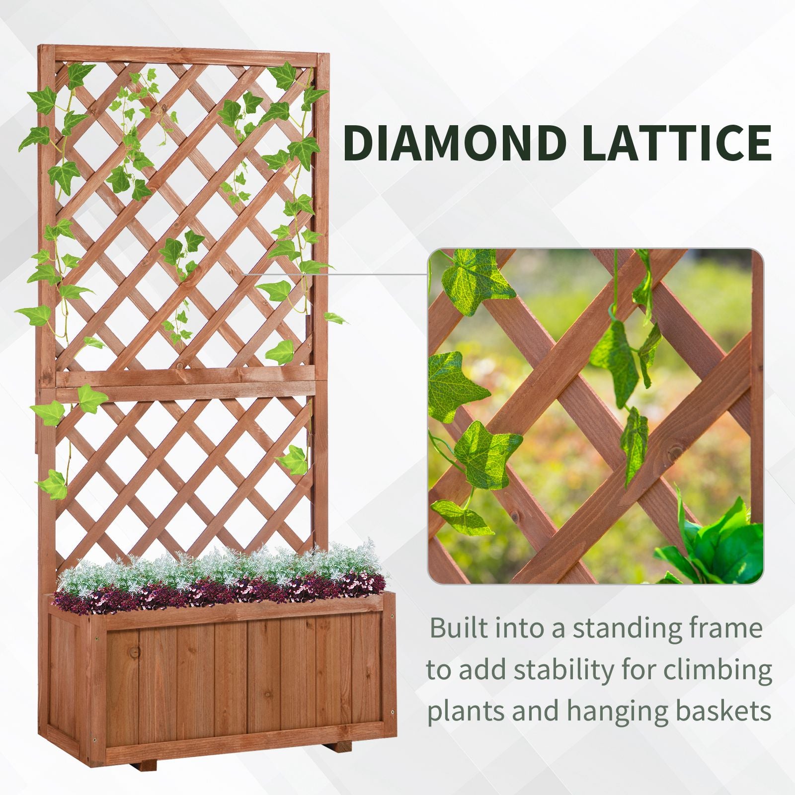 Outsunny 72.5 x 31.5 x 149.5 cm 45L Garden Wooden Pine Trough Planter with Topped Trellis Climbing Plants Flower Raised Bed, Orange - North Peak Garden Furniture