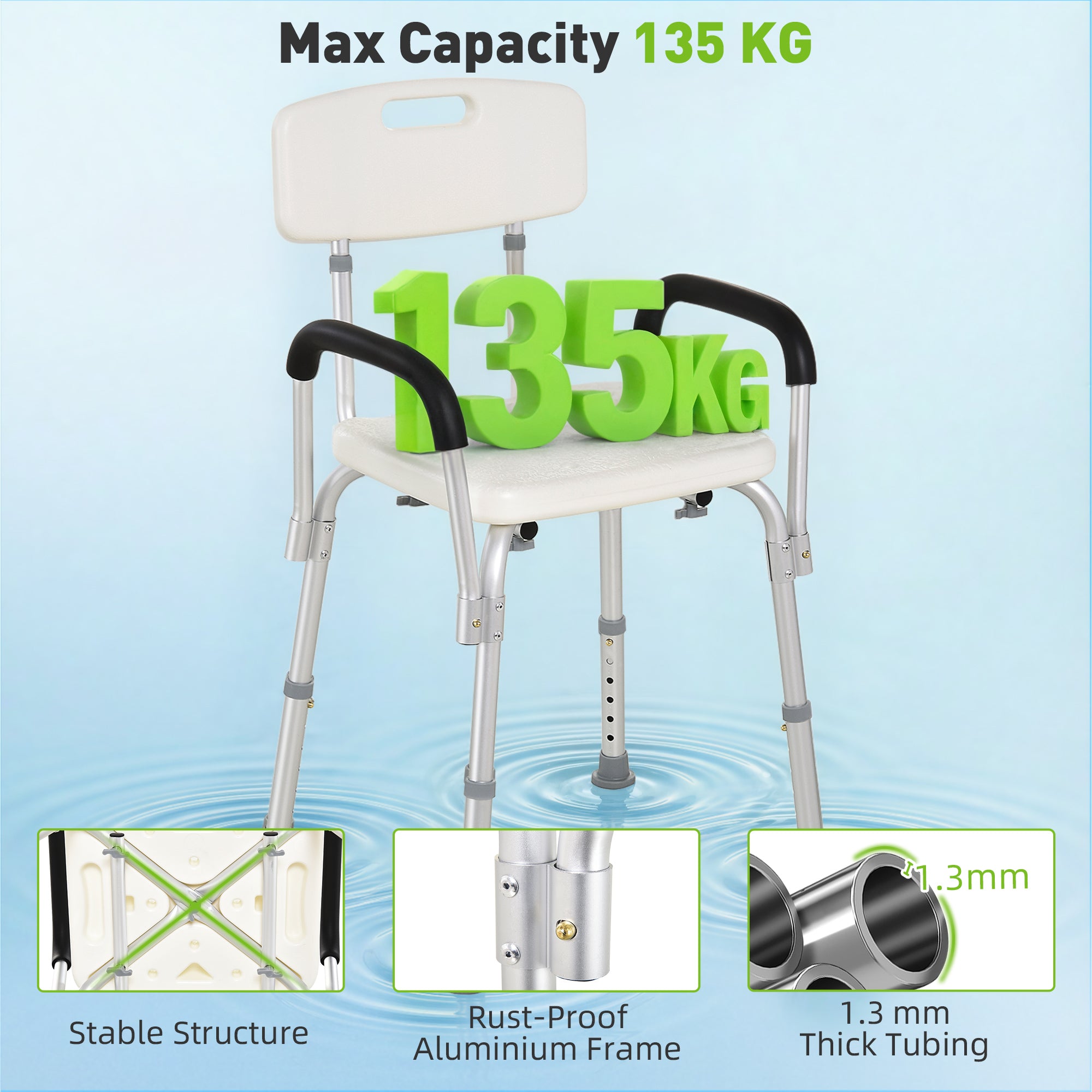 HOMCOM Adjustable Shower Chair, Shower Seat, Portable Medical Stool with Adjustable Back and Armrest for Mobility