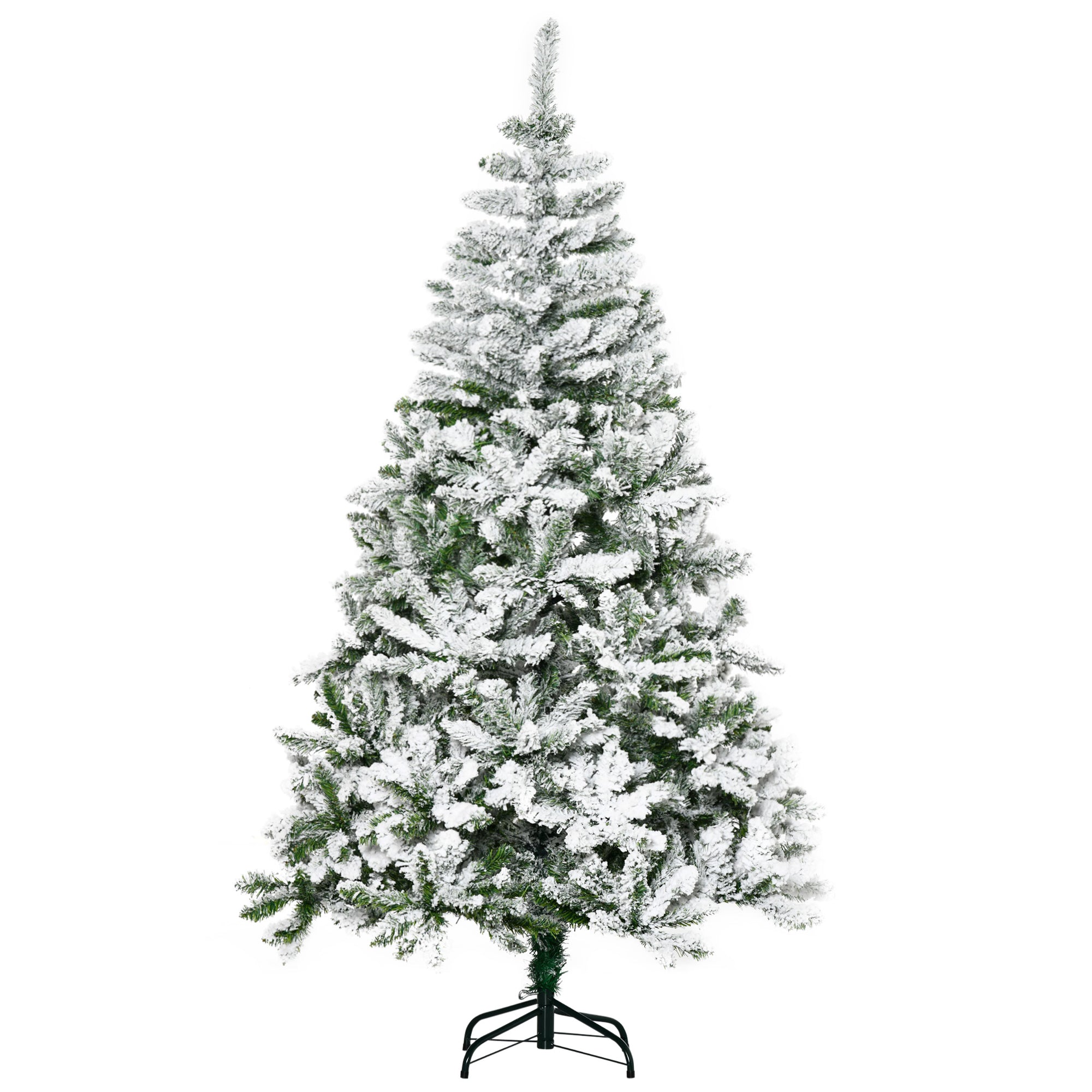 HOMCOM 6 Ft Snow Flocked Artificial Christmas Tree Xmas Pine Tree with Realistic Branches, Auto Open and Steel Base, Green - North Peak Garden Furniture