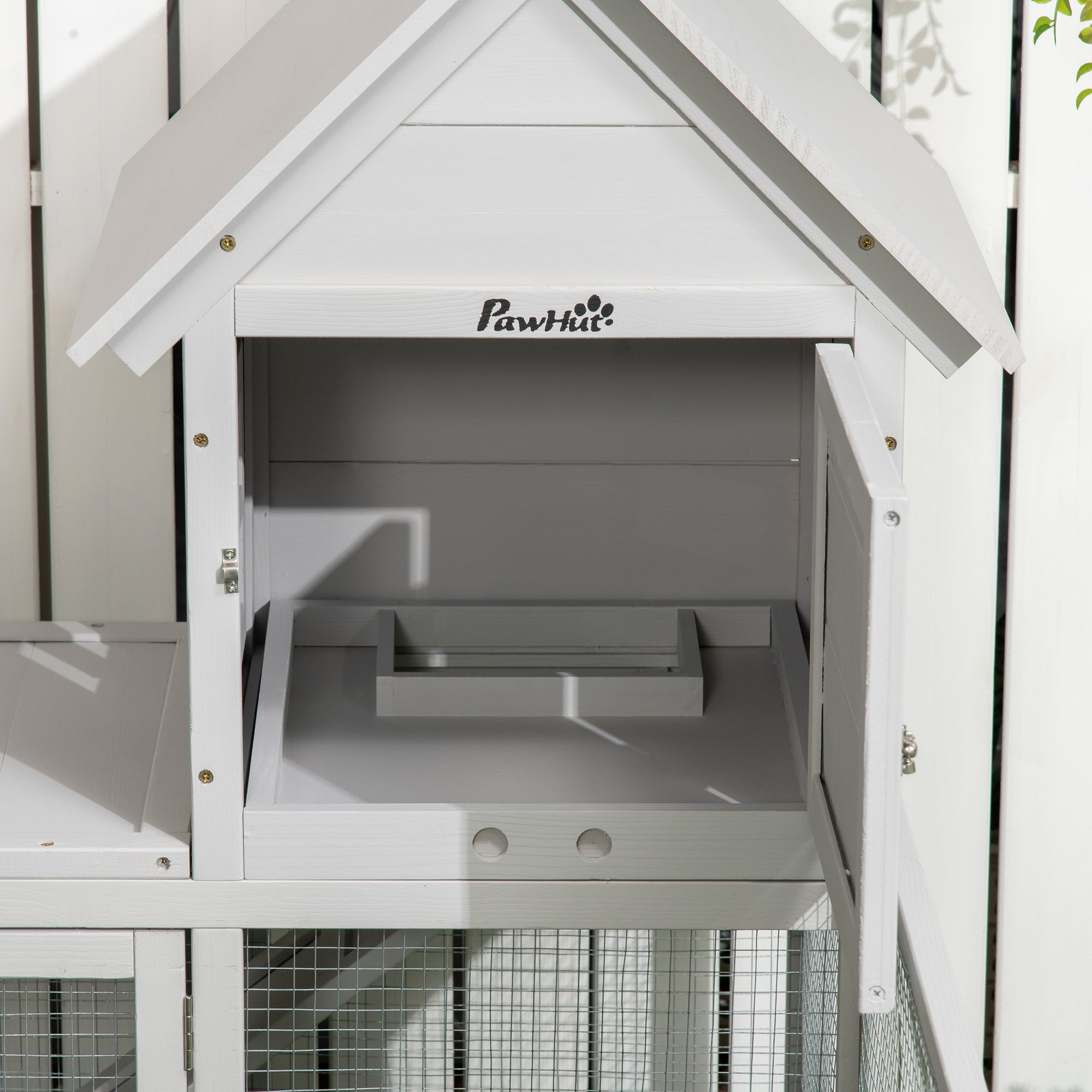 PawHut Indoor Rabbit Hutch, Guinea Pig Cage, with Slide-Out Tray, Large Fenced Area - Light Grey - North Peak Garden Furniture