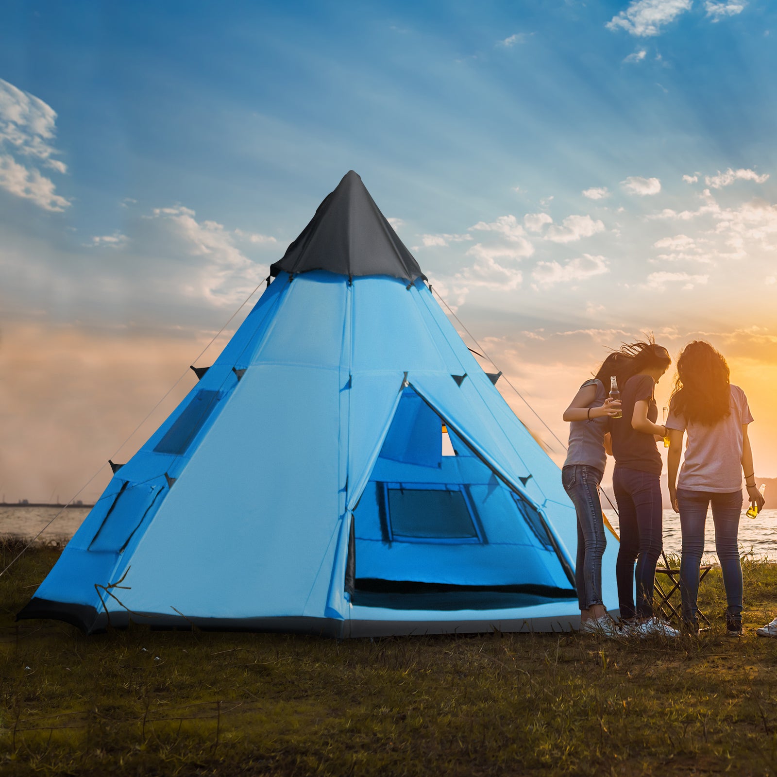 Outsunny 6 Men Tipi Tent, Camping Tent, Teepee Family Tent with Mesh Windows, Sewn-in Tent Floor, Two Doors and Carry Bag, Easy Set Up, for Hiking Picnics Outdoor Night, Blue - North Peak Garden Furniture