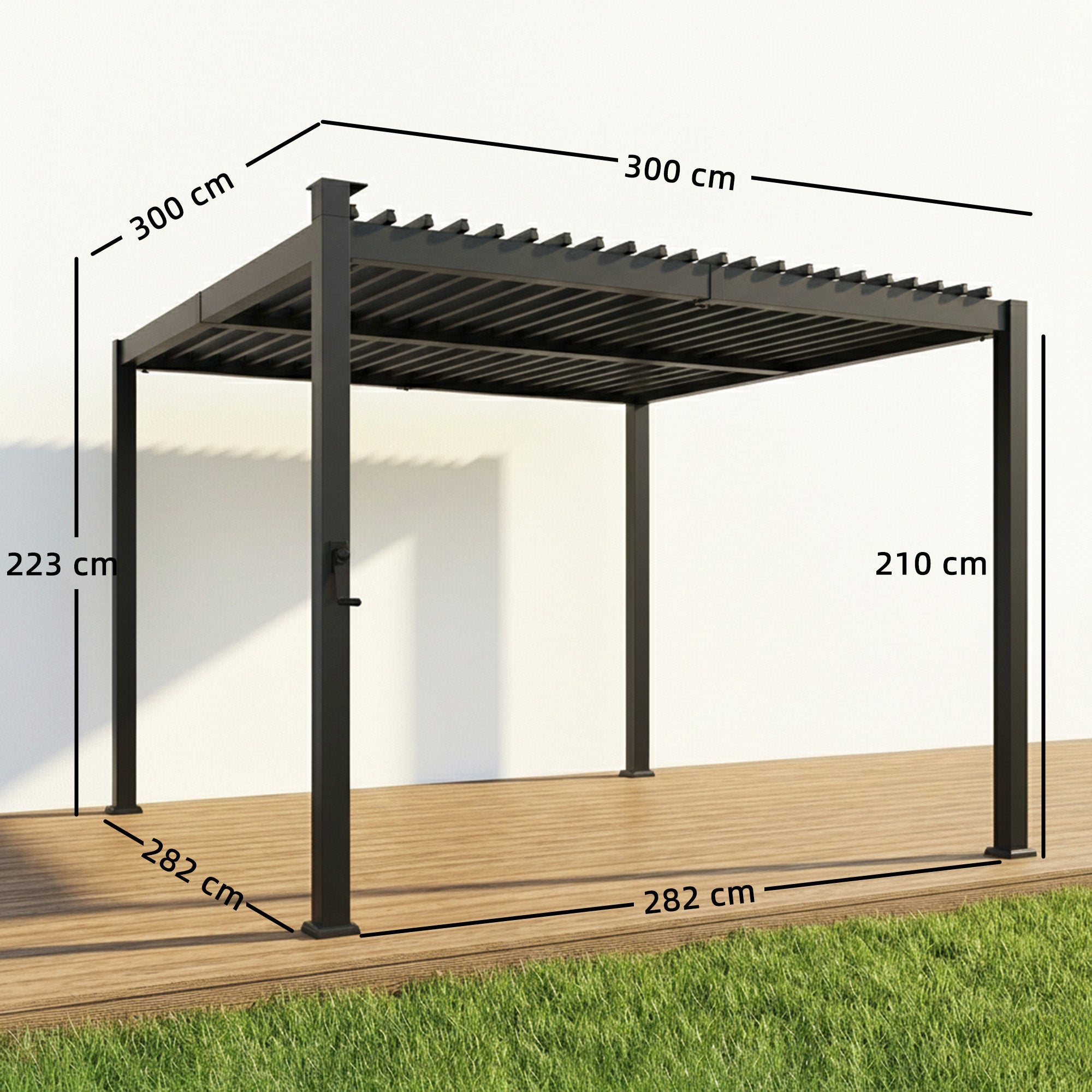 Outsunny 3 x 3 m Louvered Pergola with Solar LED lights, Metal Roof, Patio Gazebo Pergola Canopy with Drainage Gutters, Black
