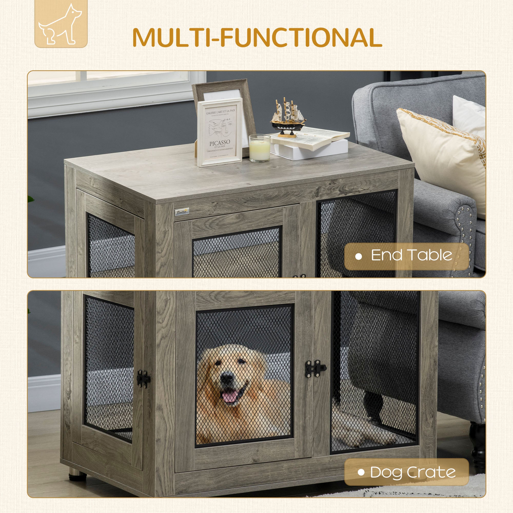 PawHut 2-in-1 Dog Cage & Side Table, with Two Doors, Cushion, for Large Dogs