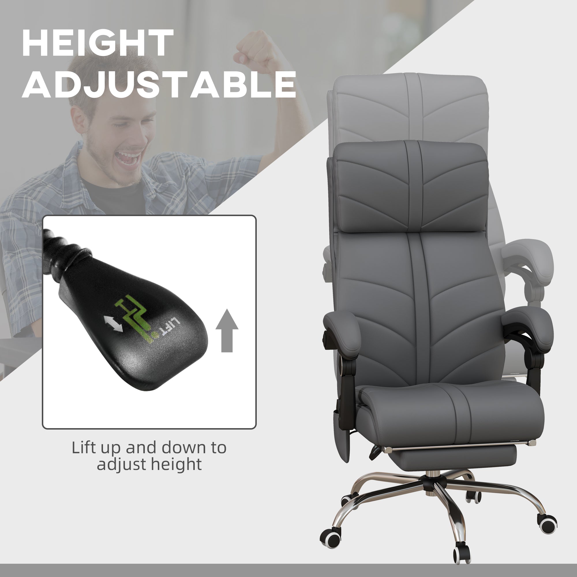 Vinsetto High Back Vibration Massage Office Chair, Heated Reclining PU Leather Computer Chair with Footrest, Grey - North Peak Garden Furniture