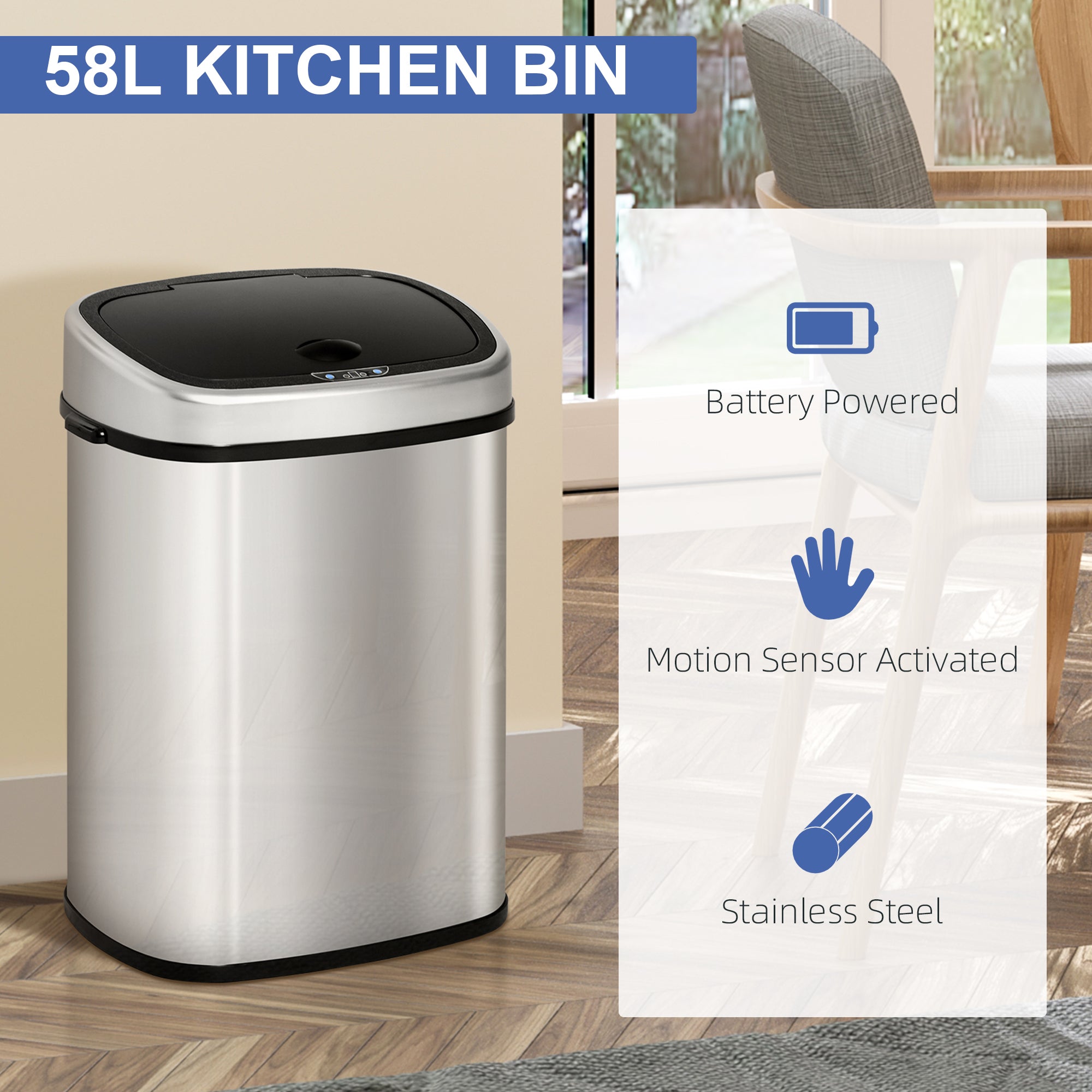 HOMCOM Stainless Steel Kitchen Sensor Dustbin Automatic Touchless Rubbish Garbage Waste Bin 58L Silver - North Peak Garden Furniture