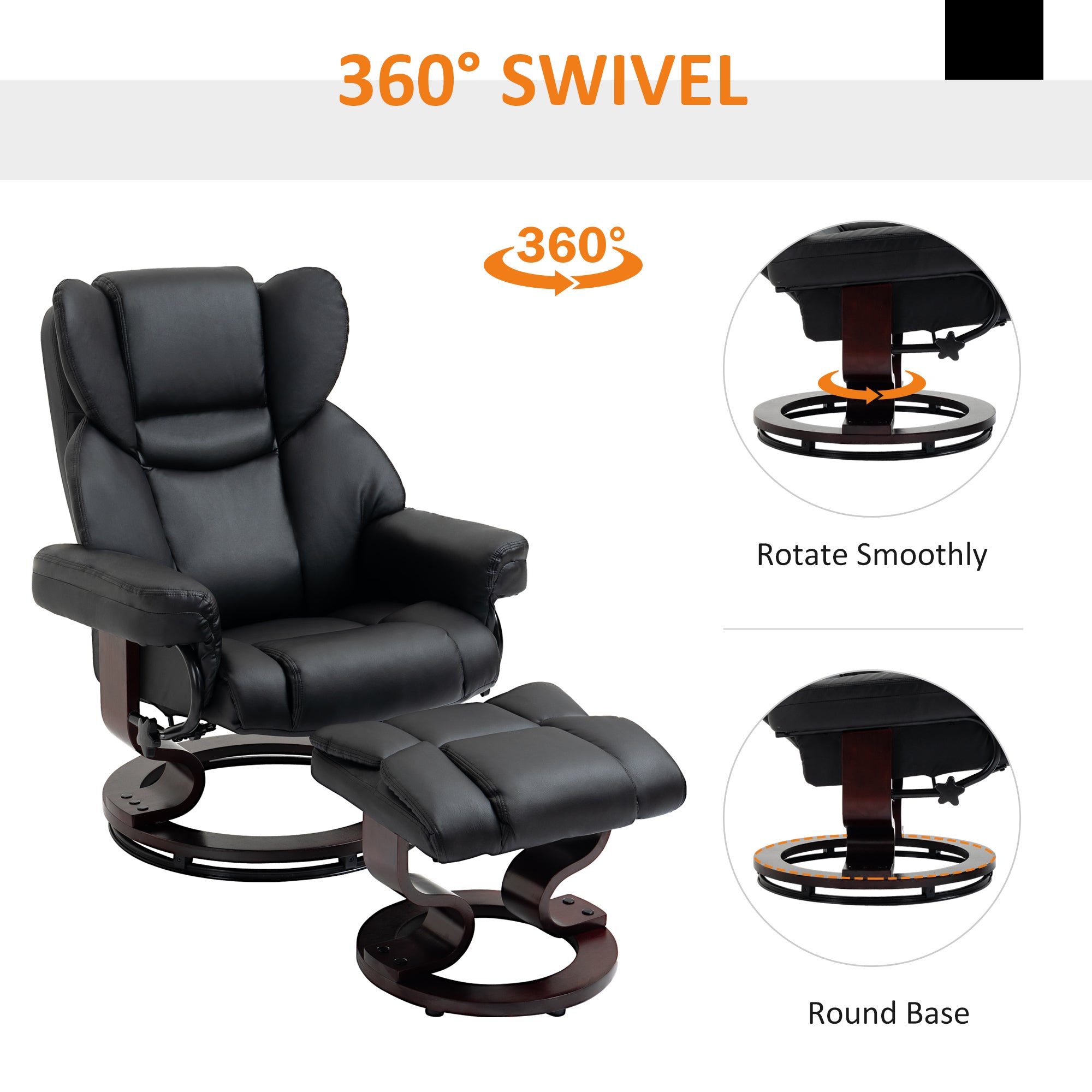 HOMCOM Faux Leather Recliner Chair and Footstool, Swivel Upholstered Armchair and Footstool with Adjustable Backrest, Solid Wood Base for Living Room, Black - North Peak Garden Furniture