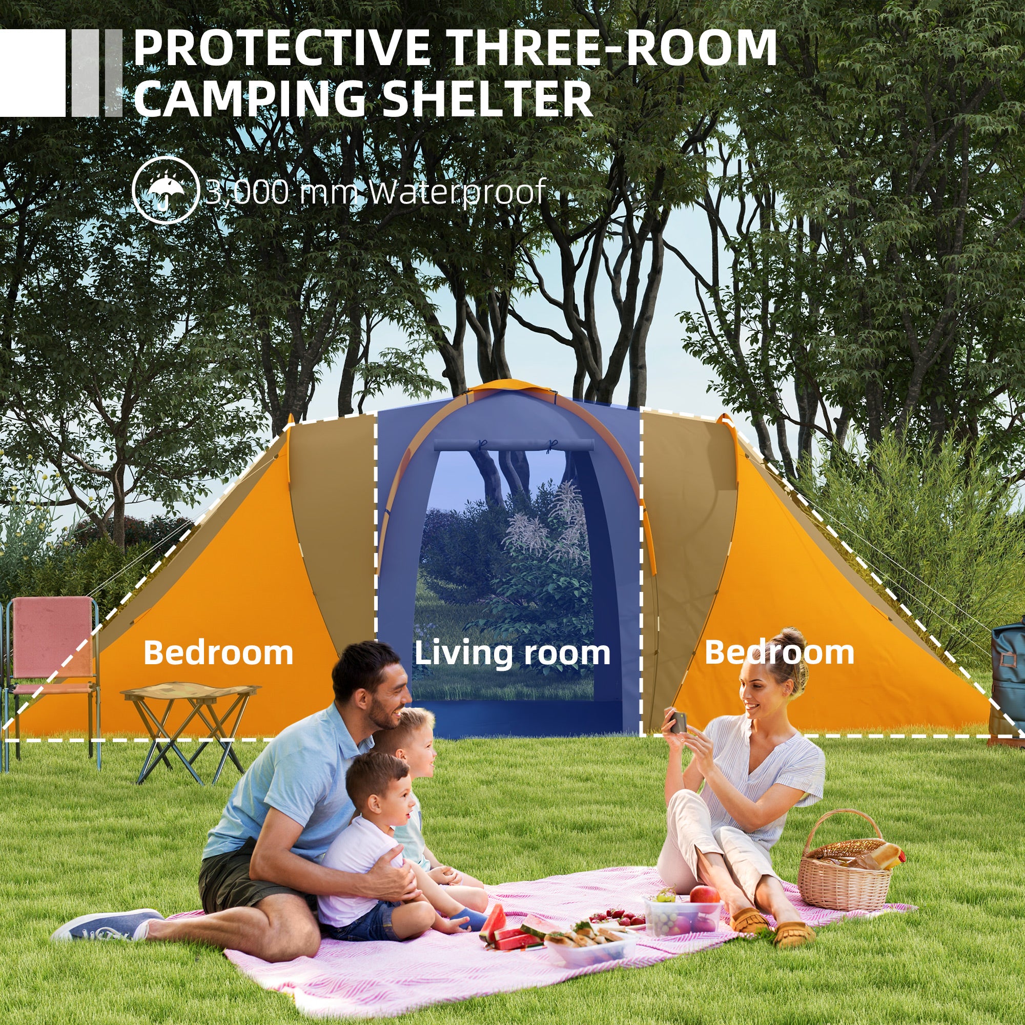 Outsunny Large Camping Tent Tunnel Tent with 2 Bedroom and Living Area, 2000mm Waterproof, Portable with Bag for 4-6 Man, Orange - North Peak Garden Furniture