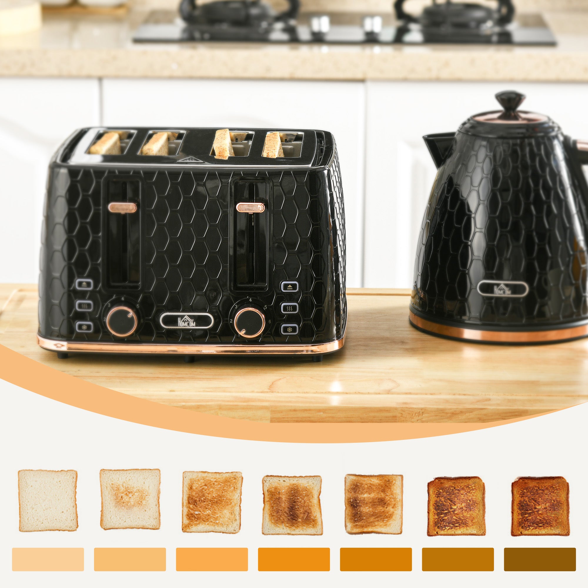 HOMCOM 1.7L 3000W Fast Boil Kettle & 4 Slice Toaster Set, Kettle and Toaster Set with 7 Browning Controls, Crumb Tray, Black - North Peak Garden Furniture