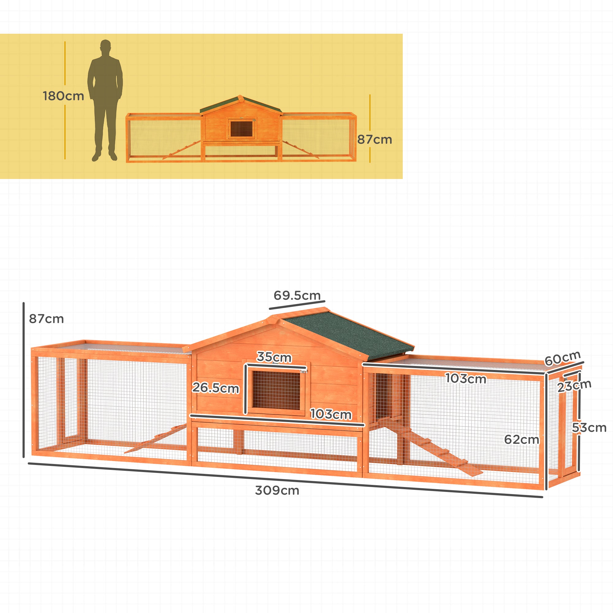 PawHut Wooden Rabbit Hutch with Run, Tray, Ramps, Asphalt Roof, 309 x 70 x 87cm, Orange - North Peak Garden Furniture