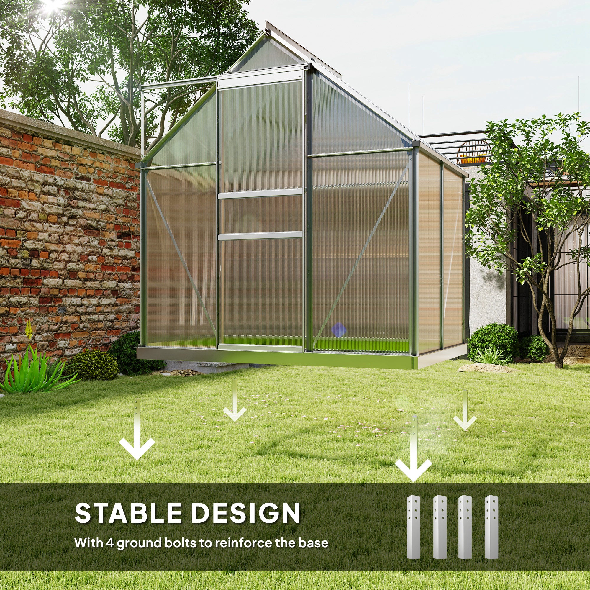 Outsunny 192.5 x 131cm Walk-In Polycarbonate Greenhouse - Silver-Tone - North Peak Garden Furniture