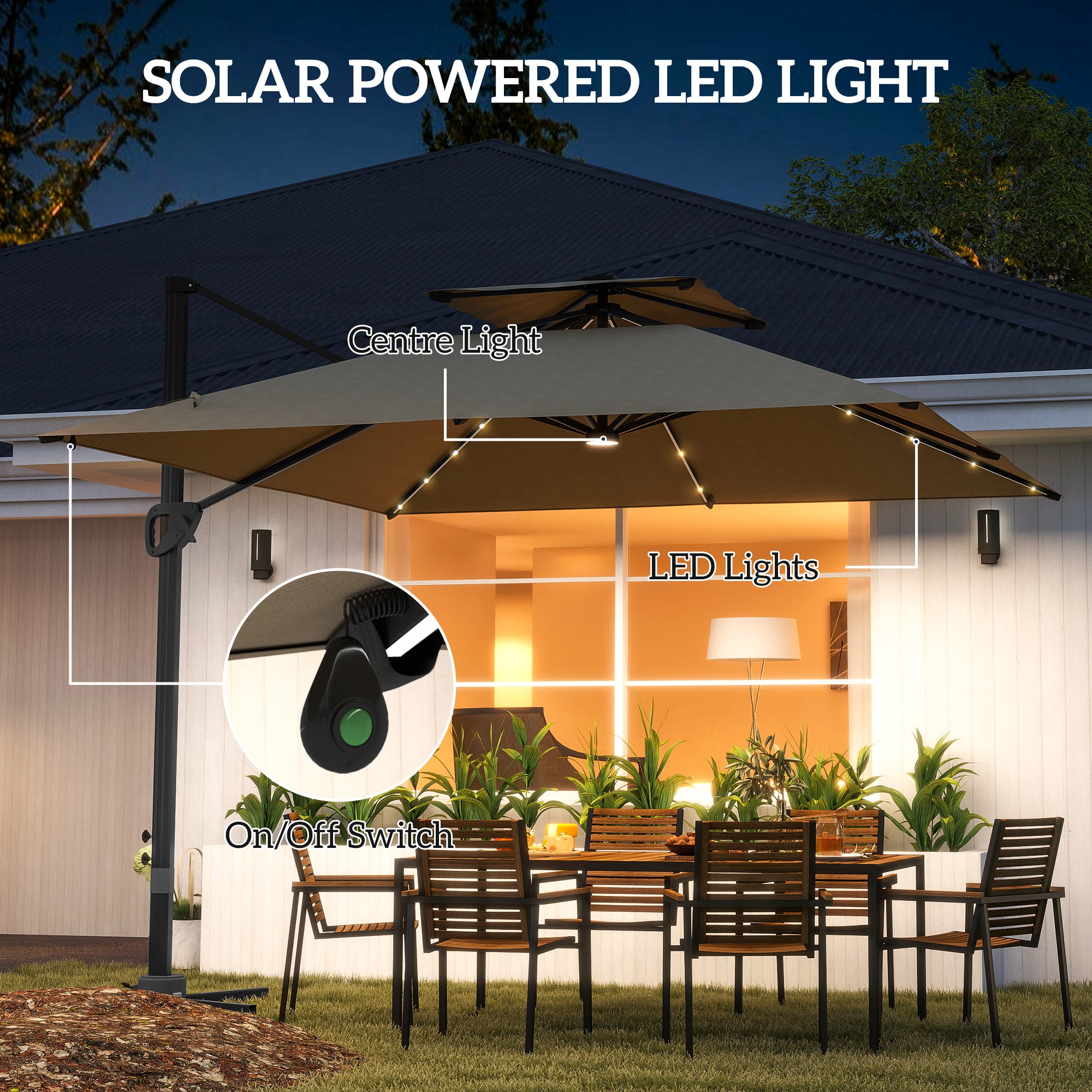 Outsunny 3.5x3 m Garden Cantilever Parasol with Solar LED Lights and Centre Light, Aluminium Large Square Patio Umbrella, UPF50+ Hanging Sun Shade with Cross Base, Crank Handle and Tilt, Khaki - North Peak Garden Furniture