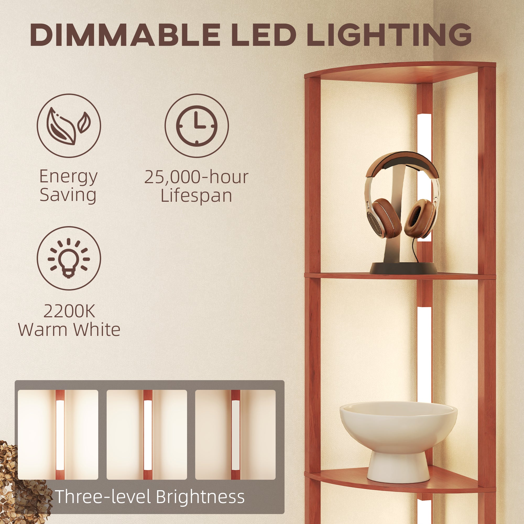 HOMCOM Corner Floor Lamp for Living Room Bedroom with Dimmable Warm White LED Light, Modern Tall Standing Lamp, Brown - North Peak Garden Furniture