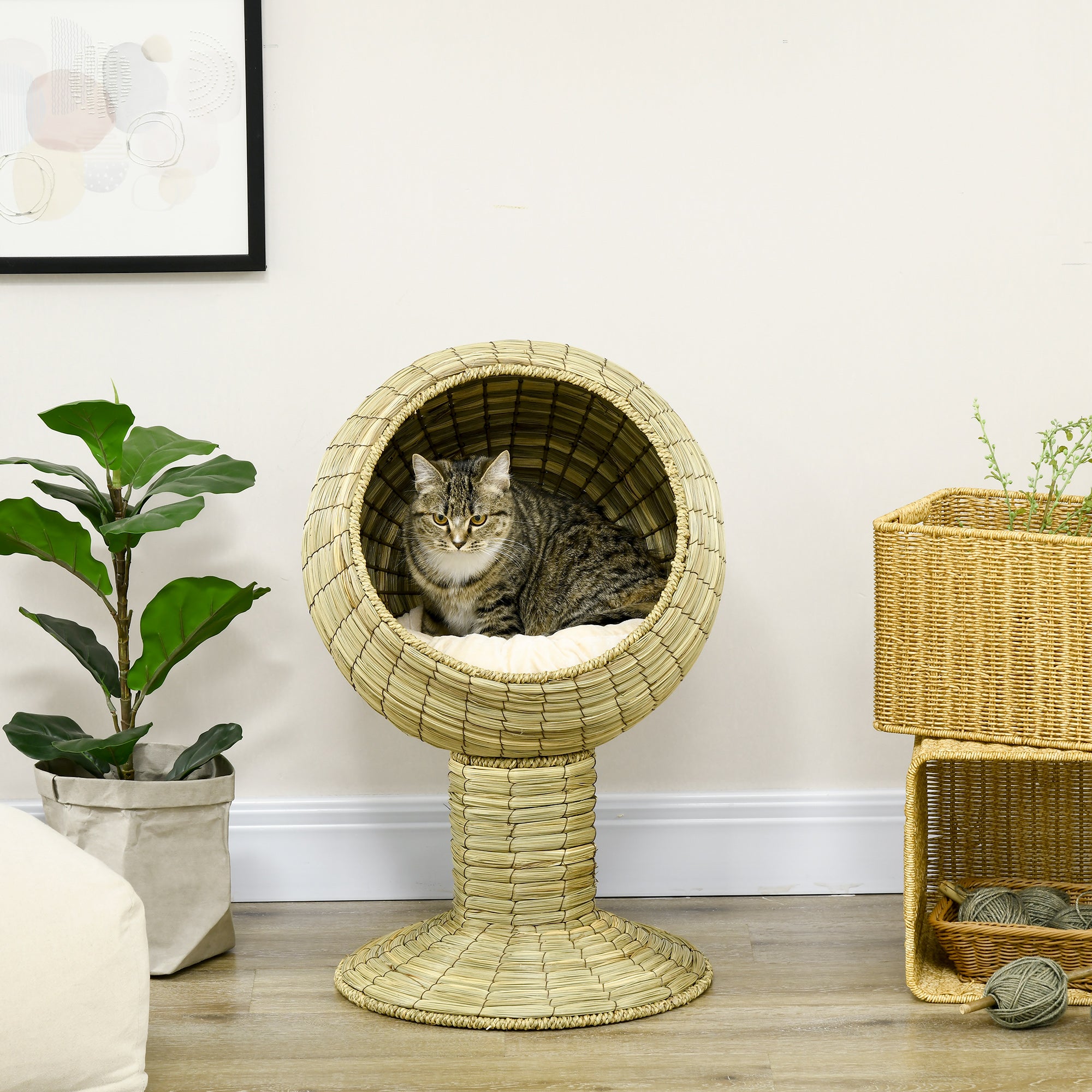 PawHut Raised Detachable Cat house, Natural Mat Grass Cat Bed, with Cushion